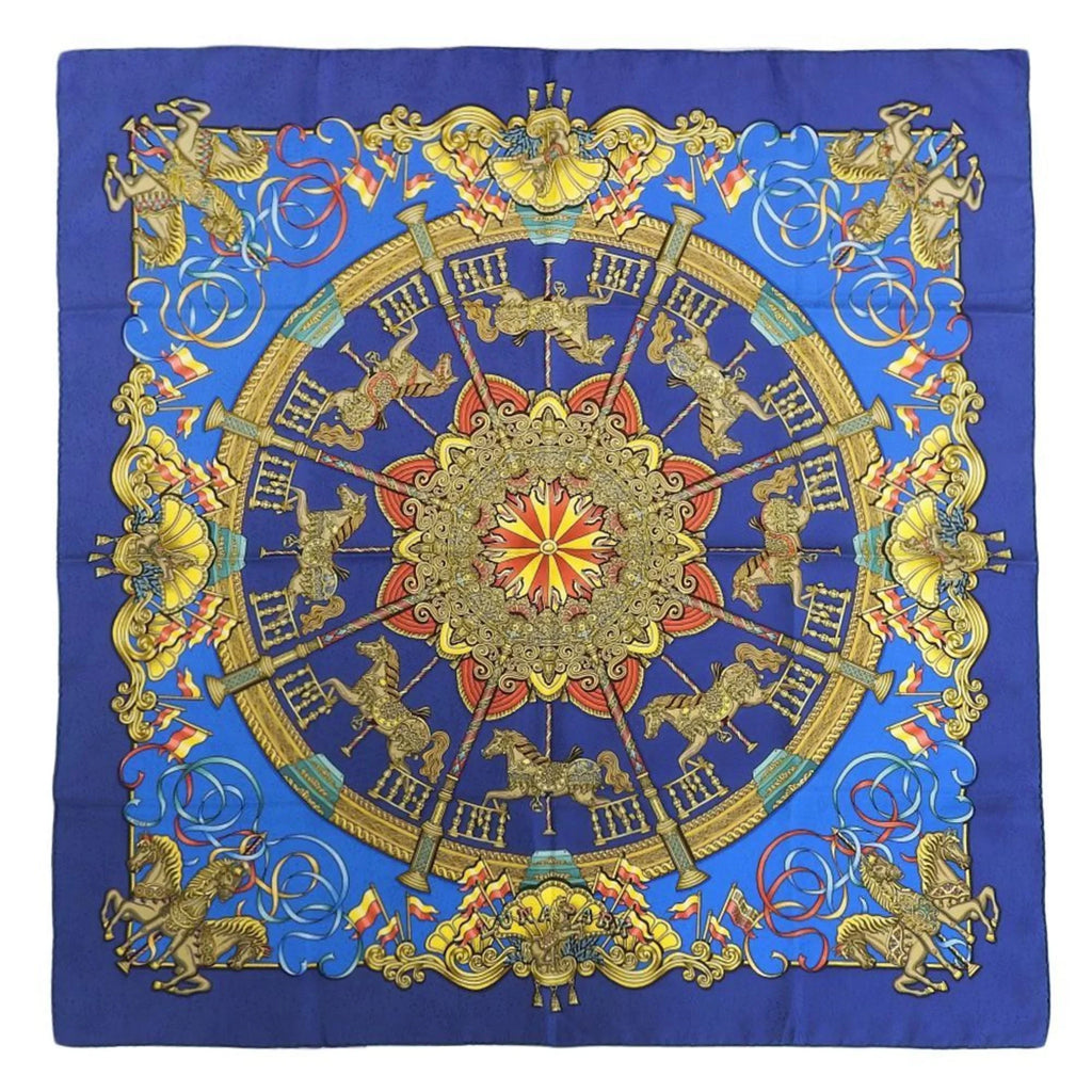 Amusement Carousel KARE90 Muffler Horse HERMES Blue PARK Scarf (Good) Park LUNA Pre-Owned Silk