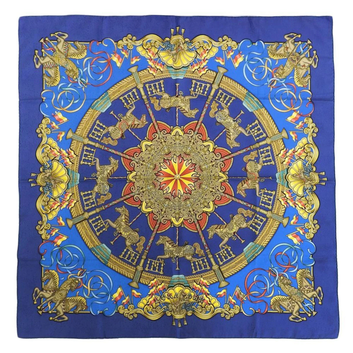 Amusement Carousel KARE90 Muffler Horse HERMES Blue PARK Scarf (Good) Park LUNA Pre-Owned Silk
