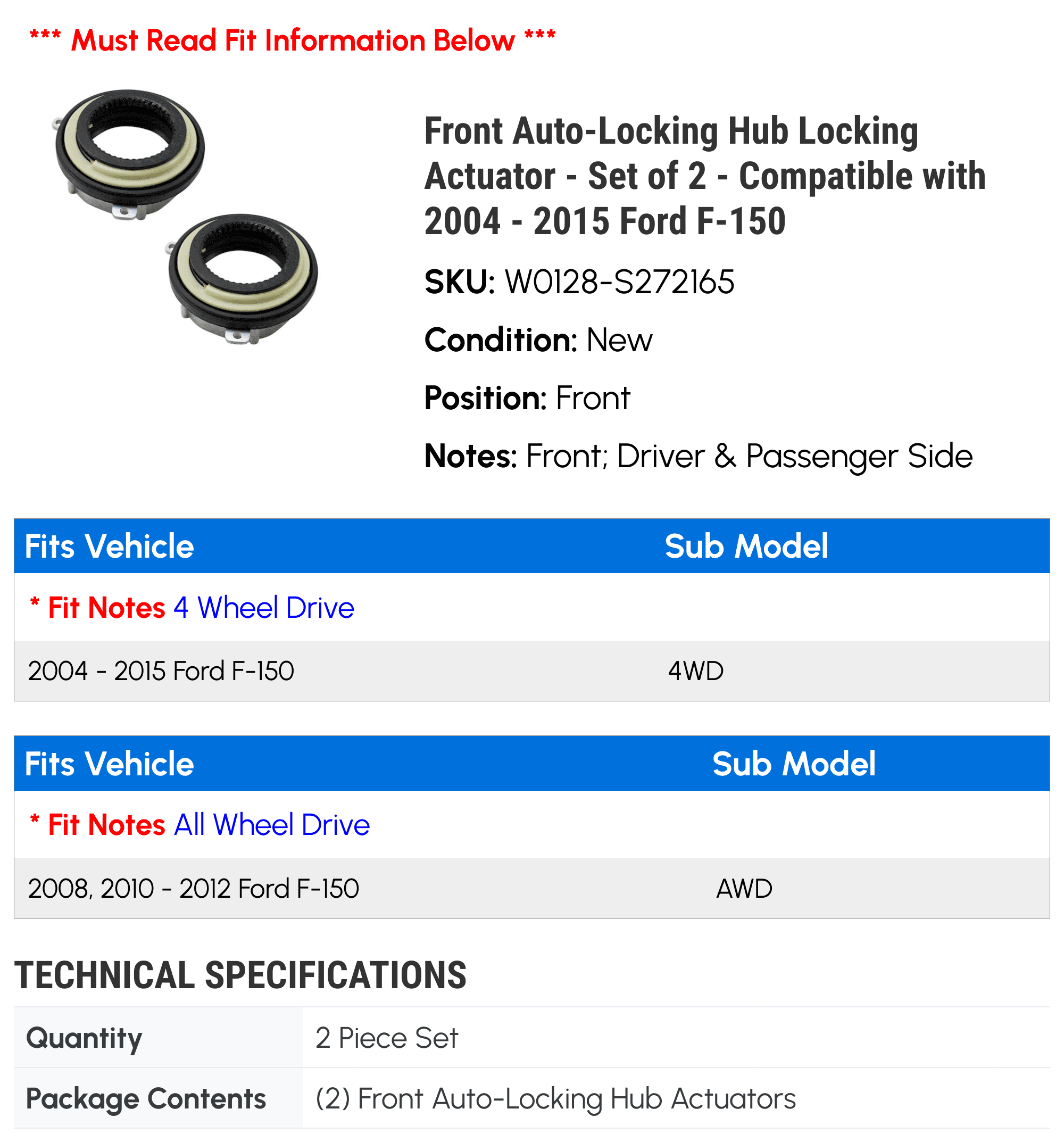 Actuator 2004 Front 2007 - - Auto-Locking 2010 Compatible Locking 2006 4WD, Hub - with 2013 2011 F-150 2014 AWD 2015 2008 of 2 2005 Ford 2009 2012 Set
