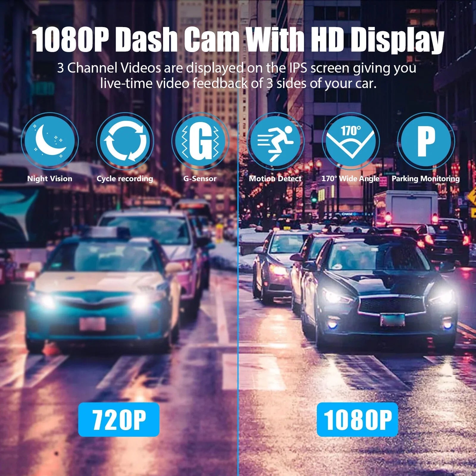 Rear Dash 3 Lens Video Camera Car 1080P Recorder Cam Inside Front G-Sensor DVR
