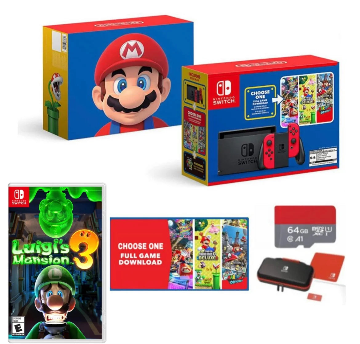 '- Micro Nintendo Case One Luigi's Mario Carrying with Red with & Games 64GB SD Mario Switch New - Choose of Bundle Download Joy-Con Three Mansion 3 Bundle Switch -