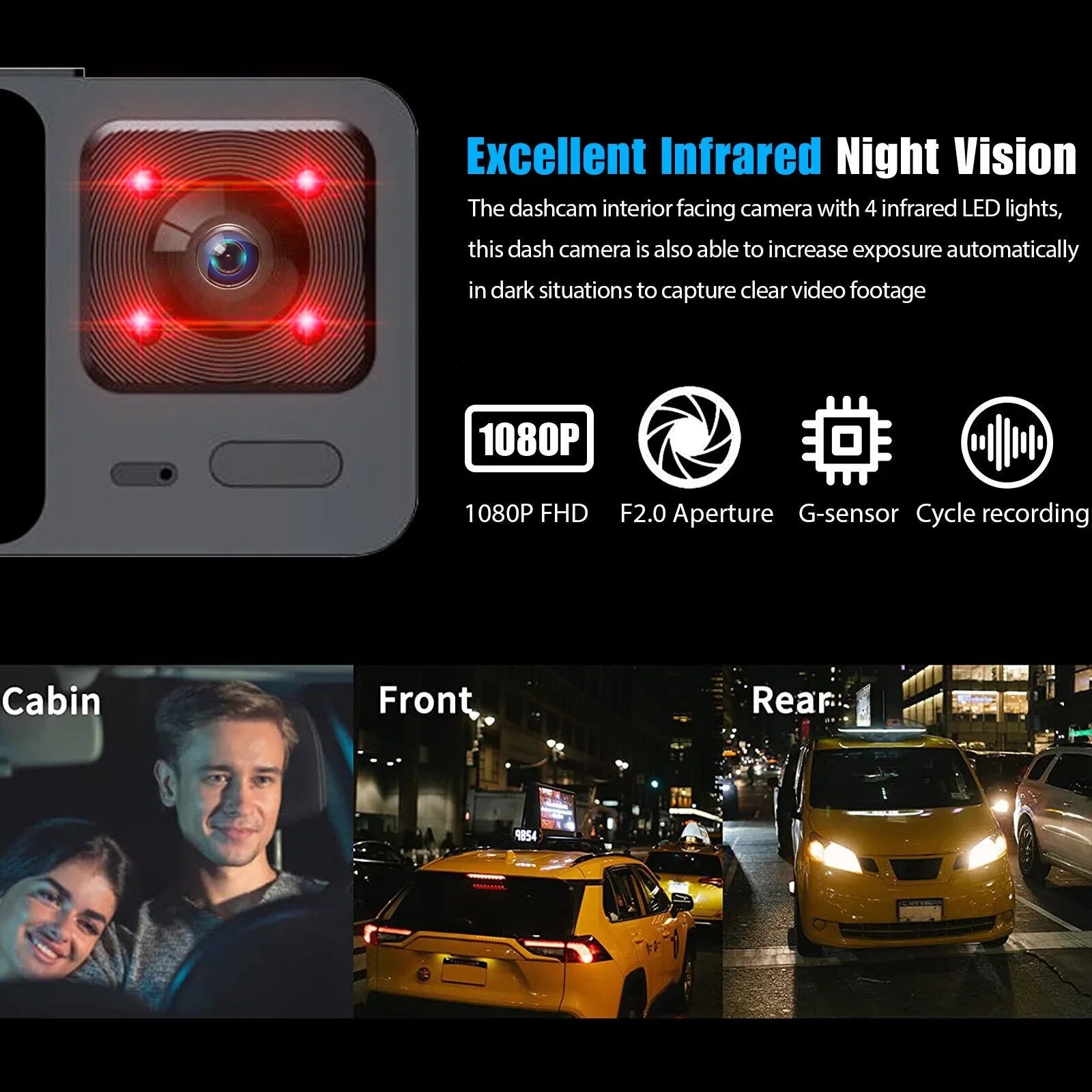 Rear Dash 3 Lens Video Camera Car 1080P Recorder Cam Inside Front G-Sensor DVR