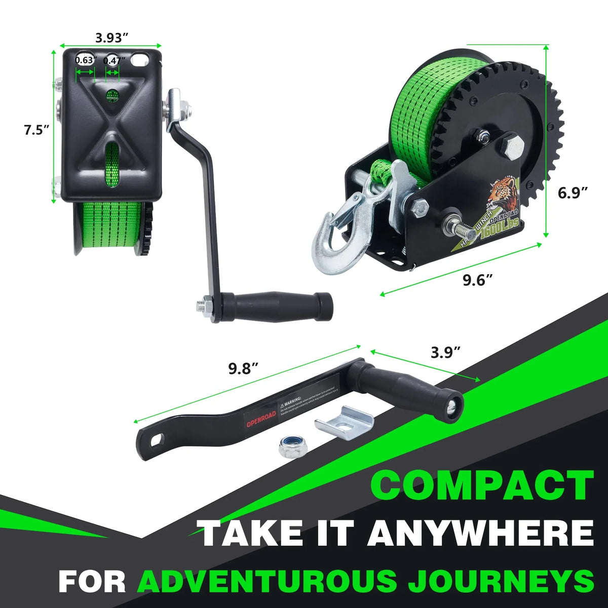 OPENROAD Duty Includes 4:1 Strap, Boat, Ratchet Truck, Trailer, Gear Hand Ski Screws with for Trailer 2-Way 26FT 1600LB Winch Jet Installation RV, Boat Ideal Winch - - - ATV & Green and Heavy