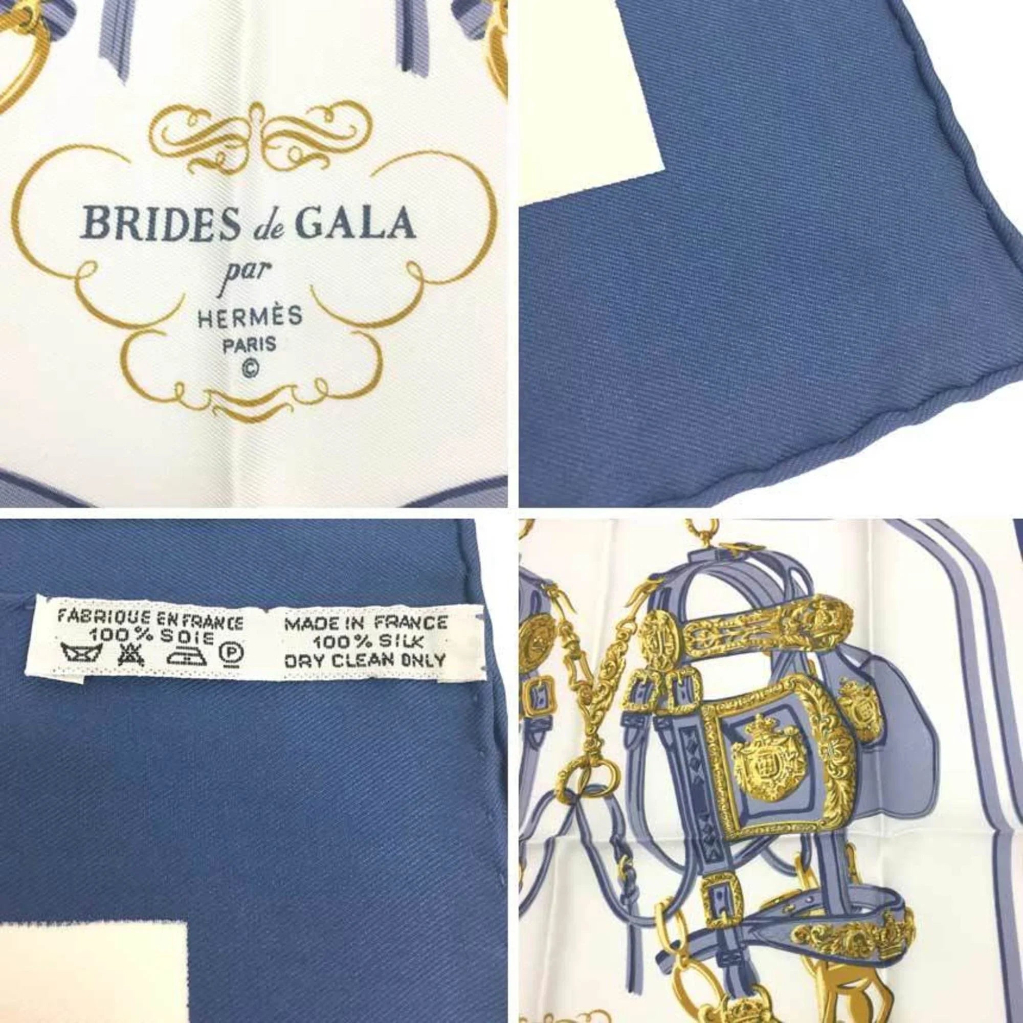 x GALA HERMES Silk Pre-Owned Scarf Carre BRIDES bridle) Muffler Blue 100% White (ceremonial New) Hermes 45 de (Like