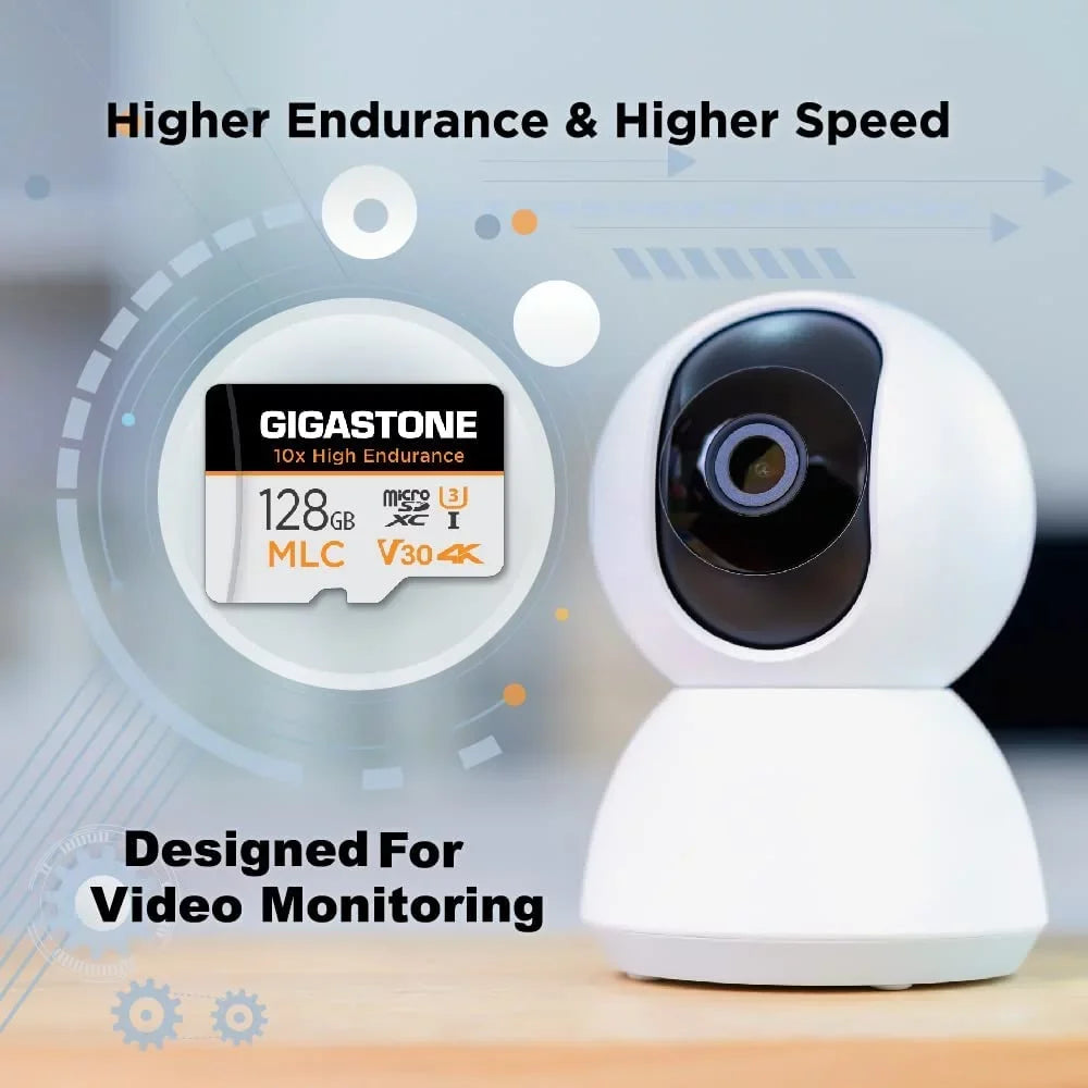 Compatible 100MB/s, Cam, with Gigastone Recording, Micro C10, Security SD Cam, [10x MLC Dash 128GB Video Card, Endurance] 2-Pack U3 High Adapter Surveillance 4K