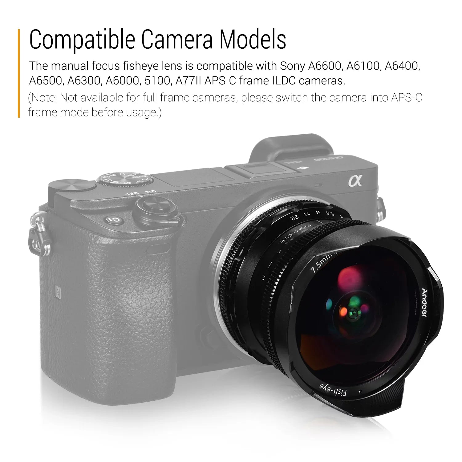 Large Manual Angle A77II A6100 Frame 180° E-Mount Lens A6000 A6400 Fisheye with A6500 F2.8 Focus Aperture 7.5mm Compatible A6600 Ultra 5100 Wide Andoer A6300 Andoer Lens Camera APS-C