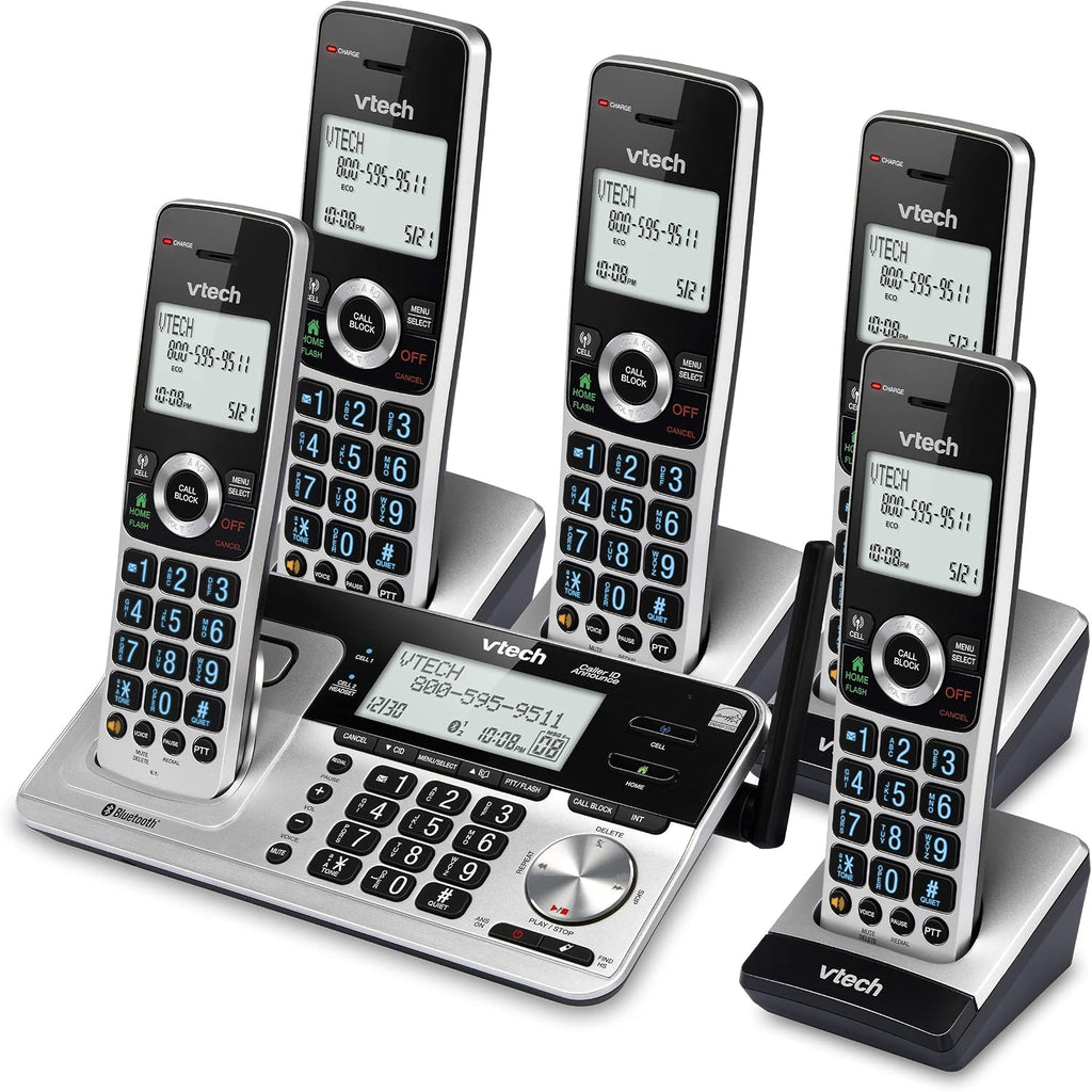 VTech VS113-5 Extended Range 5 Handset Cordless Phone for Home with Call Blocking, Connect to Cell Bluetooth, 2" Backlit Screen, Big Buttons, and Answering System, Silver & Black
