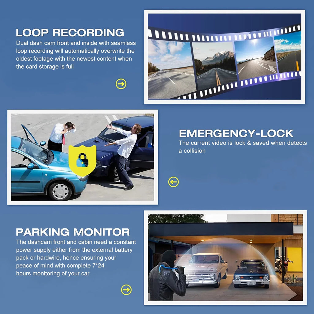 Loop G-Sensor, Vision, TSV Backup Cam, Recording Camera Night HD 3 1080P Channel Dash Monitor, Dash Black - Parking with