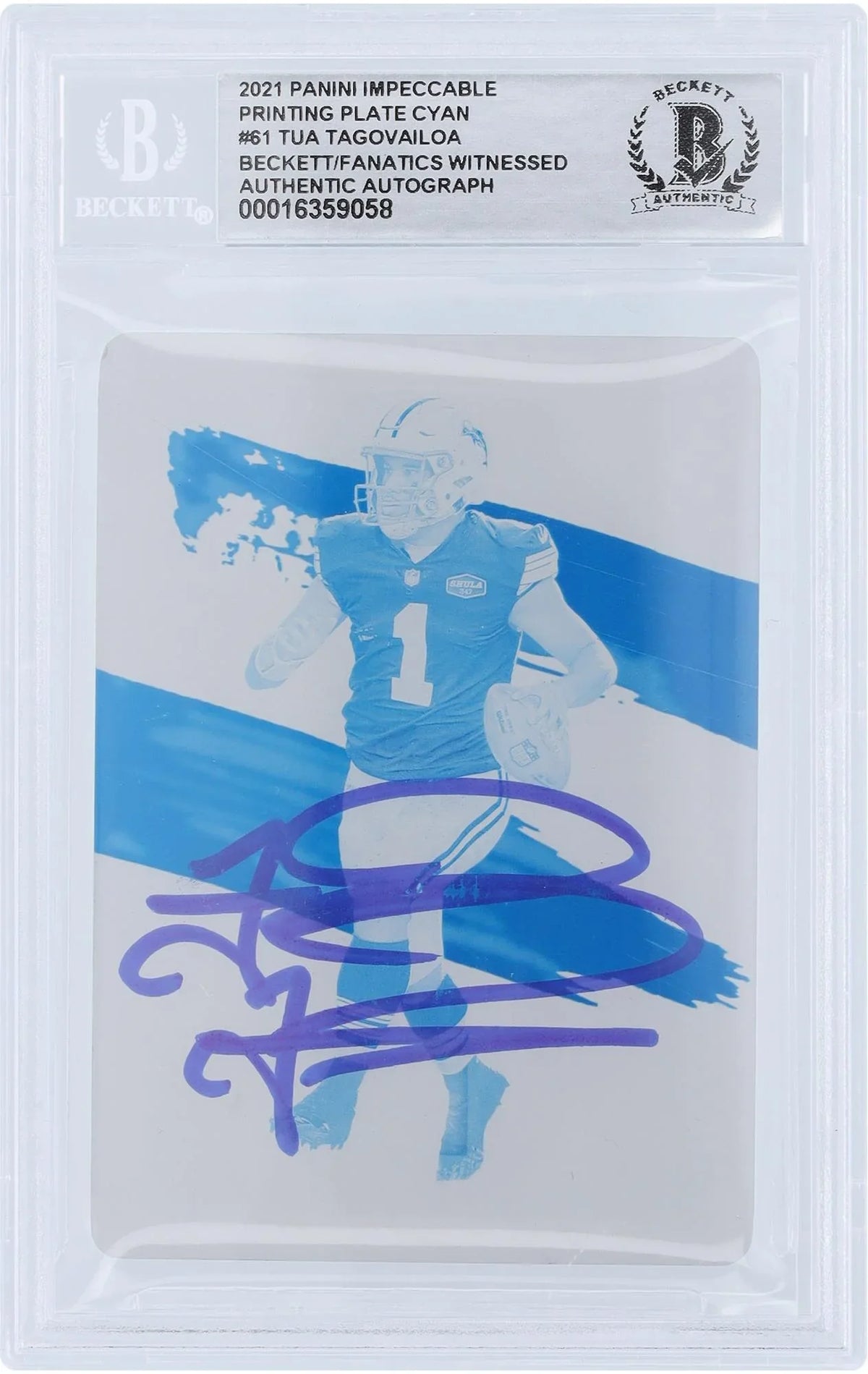 '- #61 Dolphins Witnessed Impeccable Tua Authentic Autographed Tagovailoa Fanatics #1/1 Card Beckett Fanatics Miami Authenticated Printing Panini 2021 Cyan Plate Certified