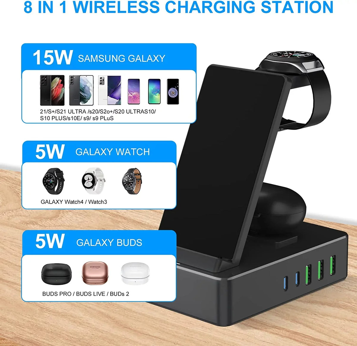 1 in Black Compatible for with Port for Devices, 100W Charging Stand Usb Charger AirPods Station Sumsung, a/ 8 Lidlife Multiple Usb C 15W 20W for Charging Fast Wireless Dock