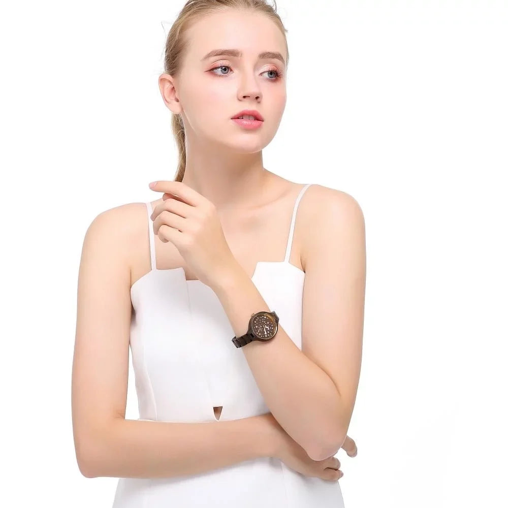 Crystals, Ronda Salwood Movement, with MTJW13040 Watch Swiss Resistant 1ATM Brown Bezel, Water Casual, Gold Business Womens