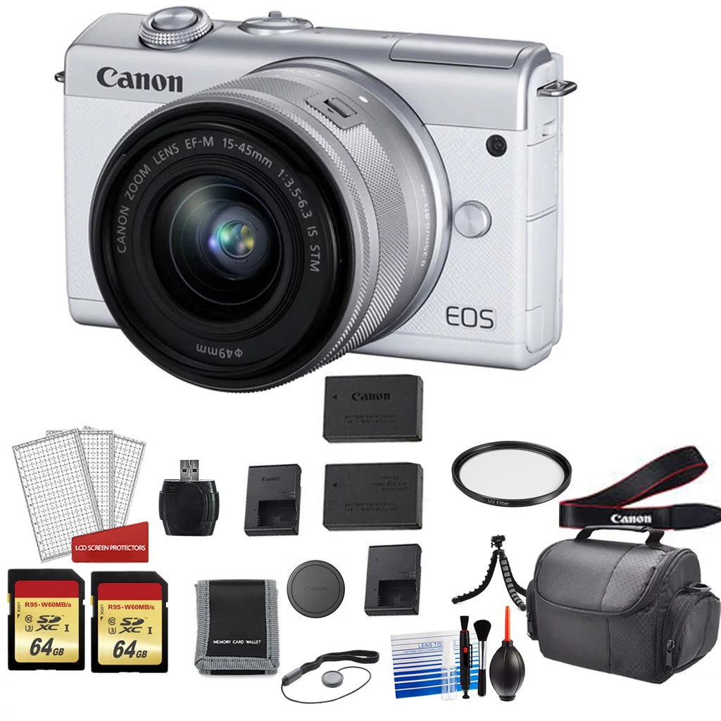 Kit More Card with Spare 15-45mm + Digital + Mirrorless Memory with Battery Lens EOS Camera 128GB Canon M200 (White)