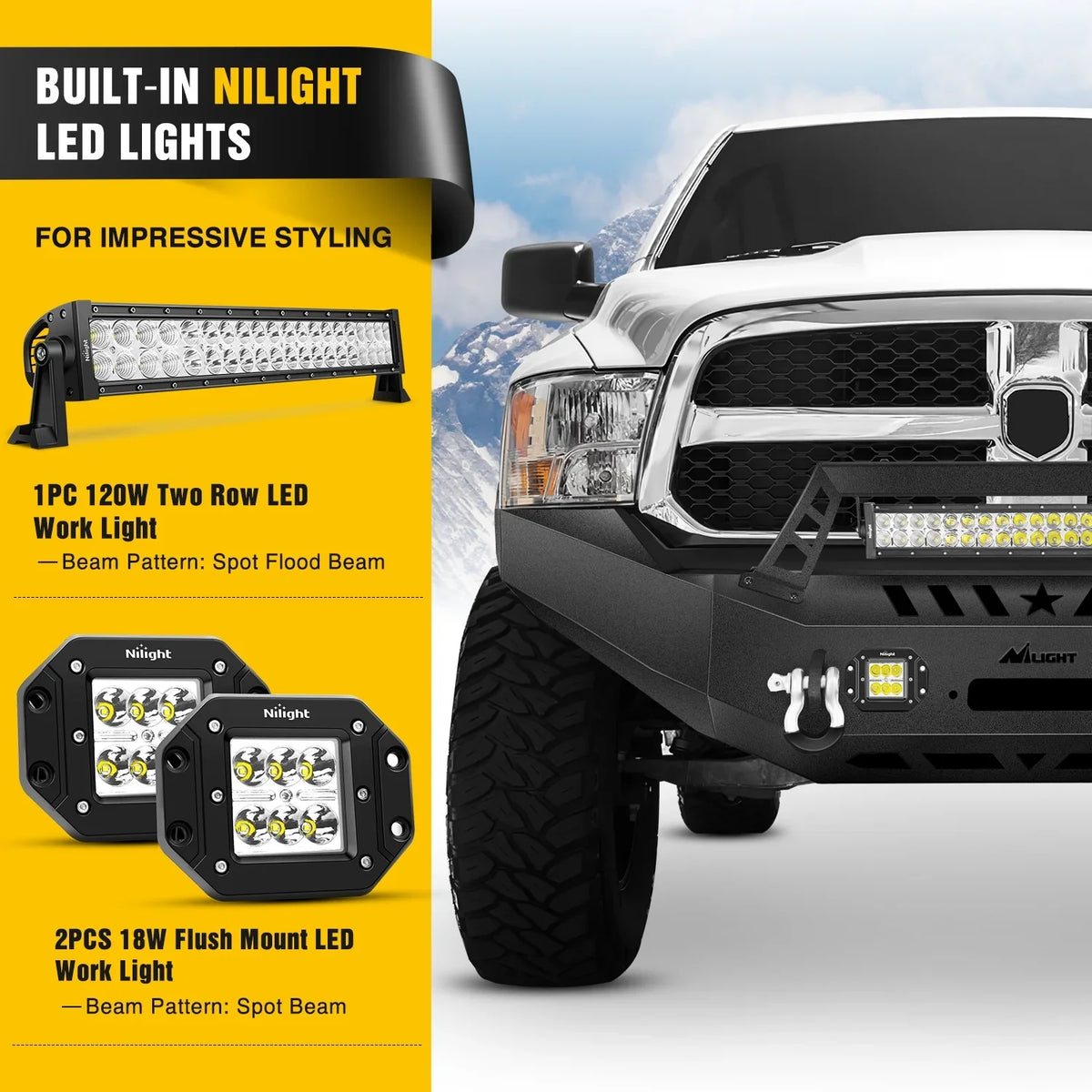 Solid for Width LED Full Light Compatible Light Bar with Steel 2018 Winch Years 2x18w 2013 Plate 2015 Pods Nilight Pickup Truck 2016 Ram 120W Front Bumper 2017 1500 Offroad 2014 2 Warranty Dodge
