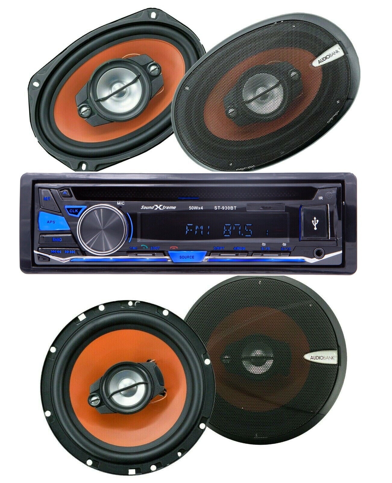 & USB SD Bluetooth Audiobank Speakers Receiver Car FM 6.5" Bundle SoundXtreme +4x 6x9"