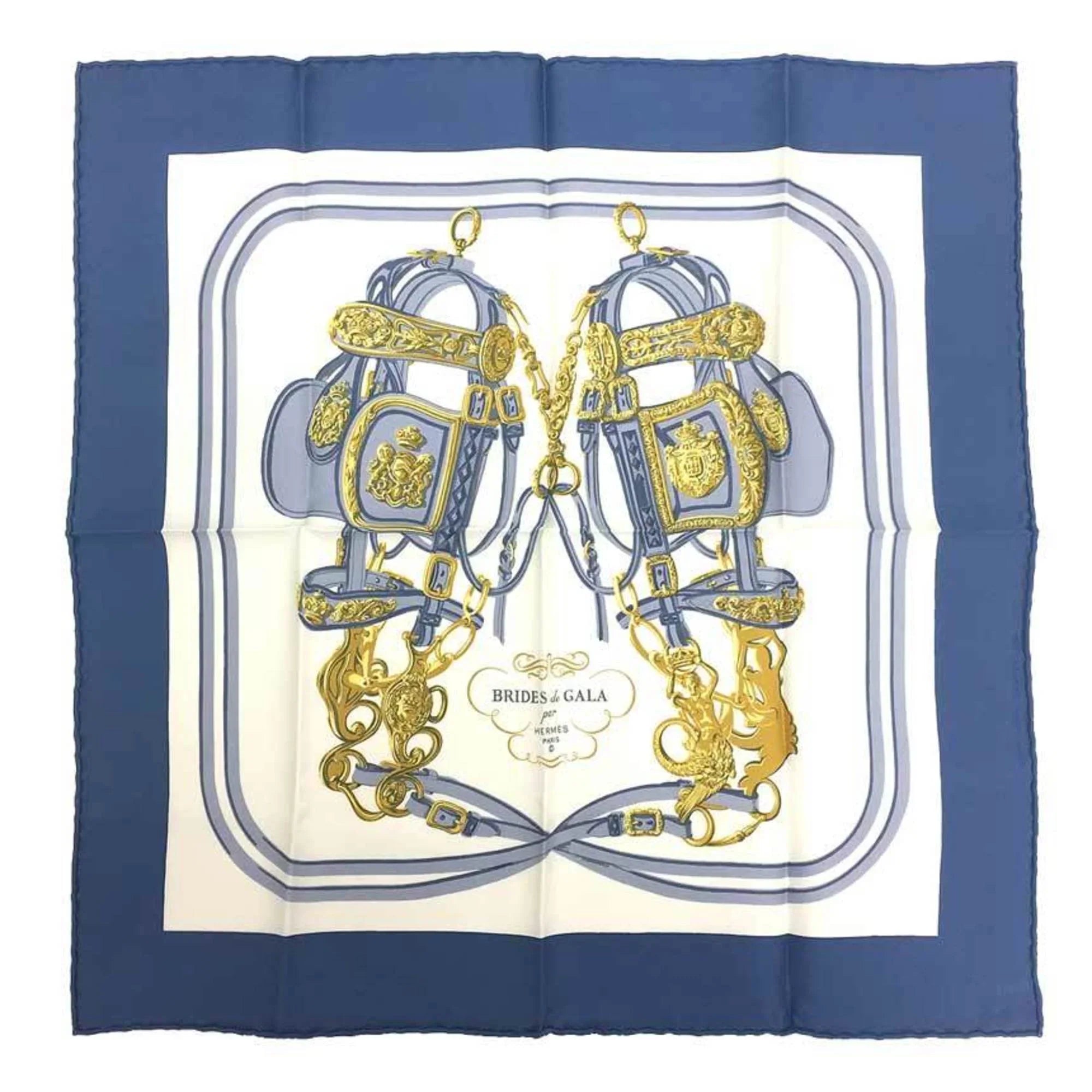 x GALA HERMES Silk Pre-Owned Scarf Carre BRIDES bridle) Muffler Blue 100% White (ceremonial New) Hermes 45 de (Like