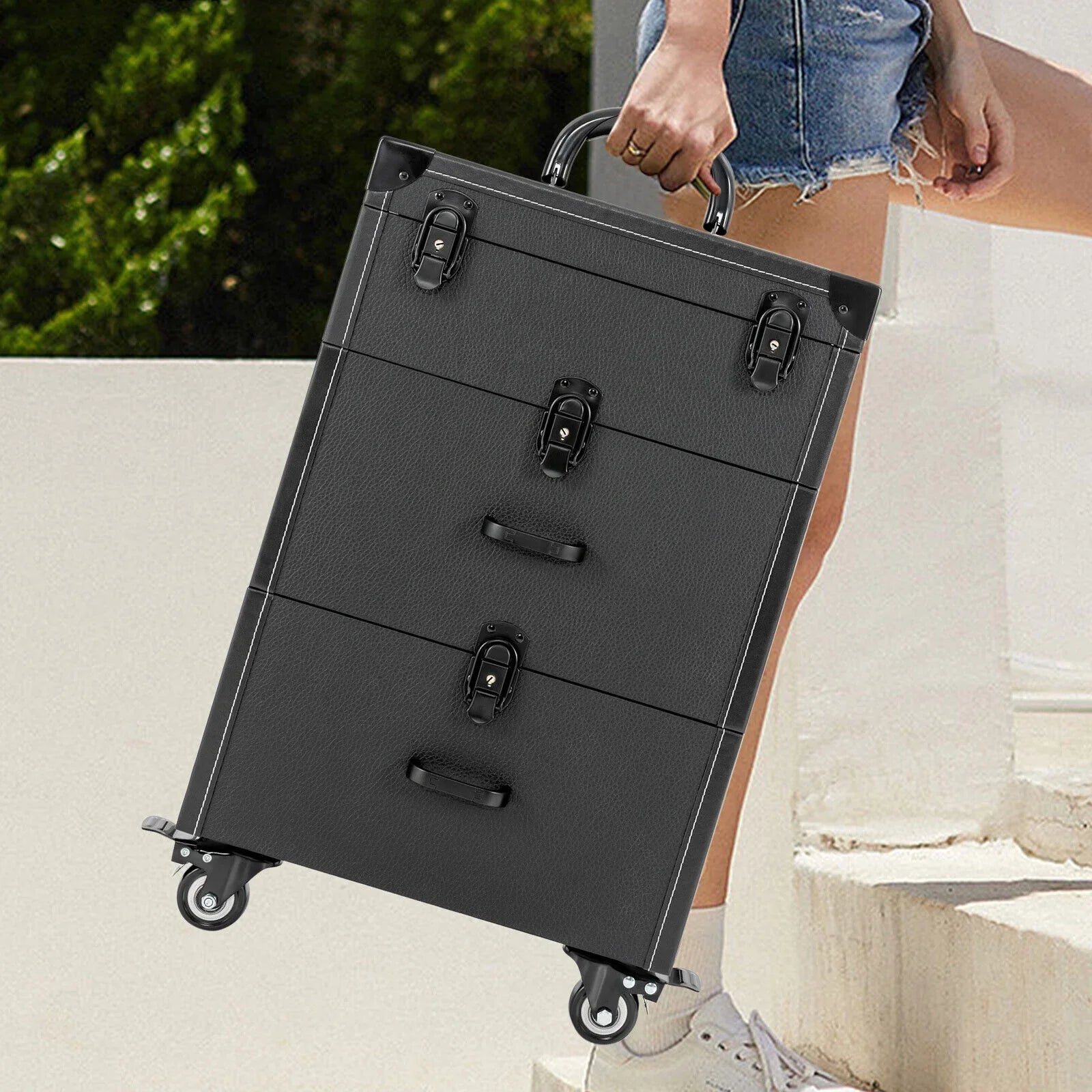 Polish Organizer 4 Train ZhdnBhnos Wheels Lock (Black) Box Rolling w/ Nail Storage & Case Luggage Trolley Makeup Cosmetic