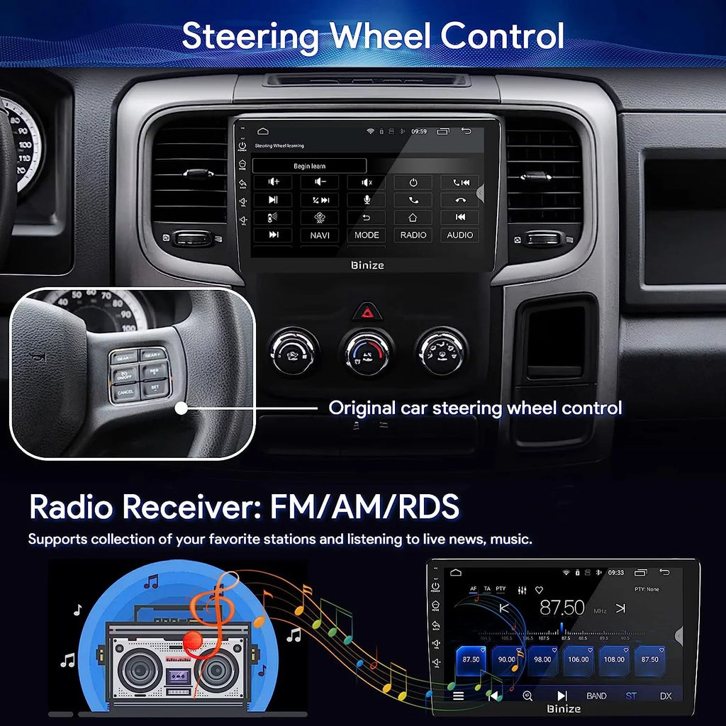 Dodge Radio Stereo 12 Wireless Auto/AM/FM/Backup Unit with Car GPS Camera/DSP/SWC/BT/WiFi/2+32GB in-Dash for 1500 Navigation 2500 Din CarPlay/Android Ram 3500 2013-2018, 9" Android Double Binize