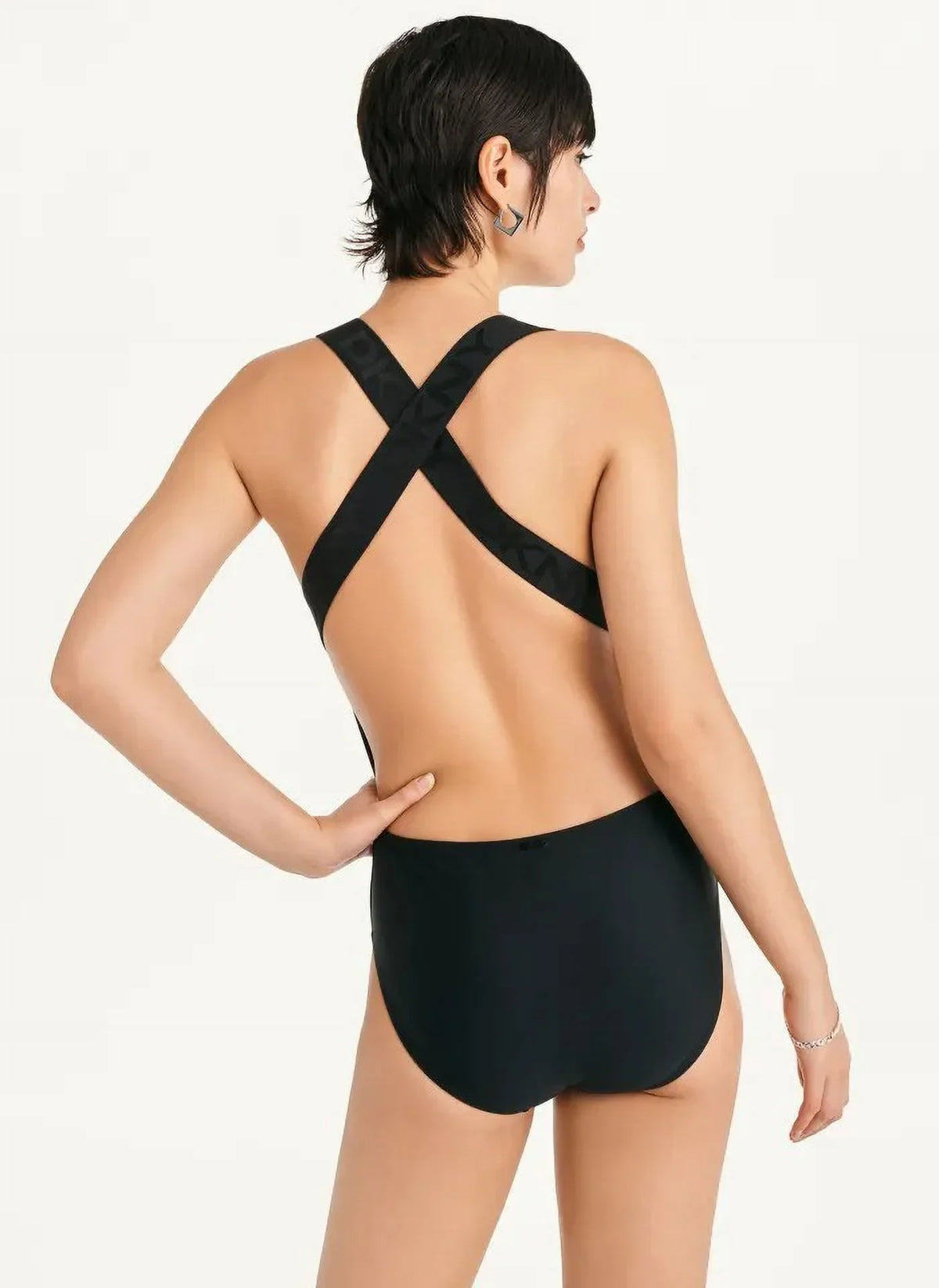 One-Piece Logo DKNY BLACK Swimsuit, Cross-Back Medium US