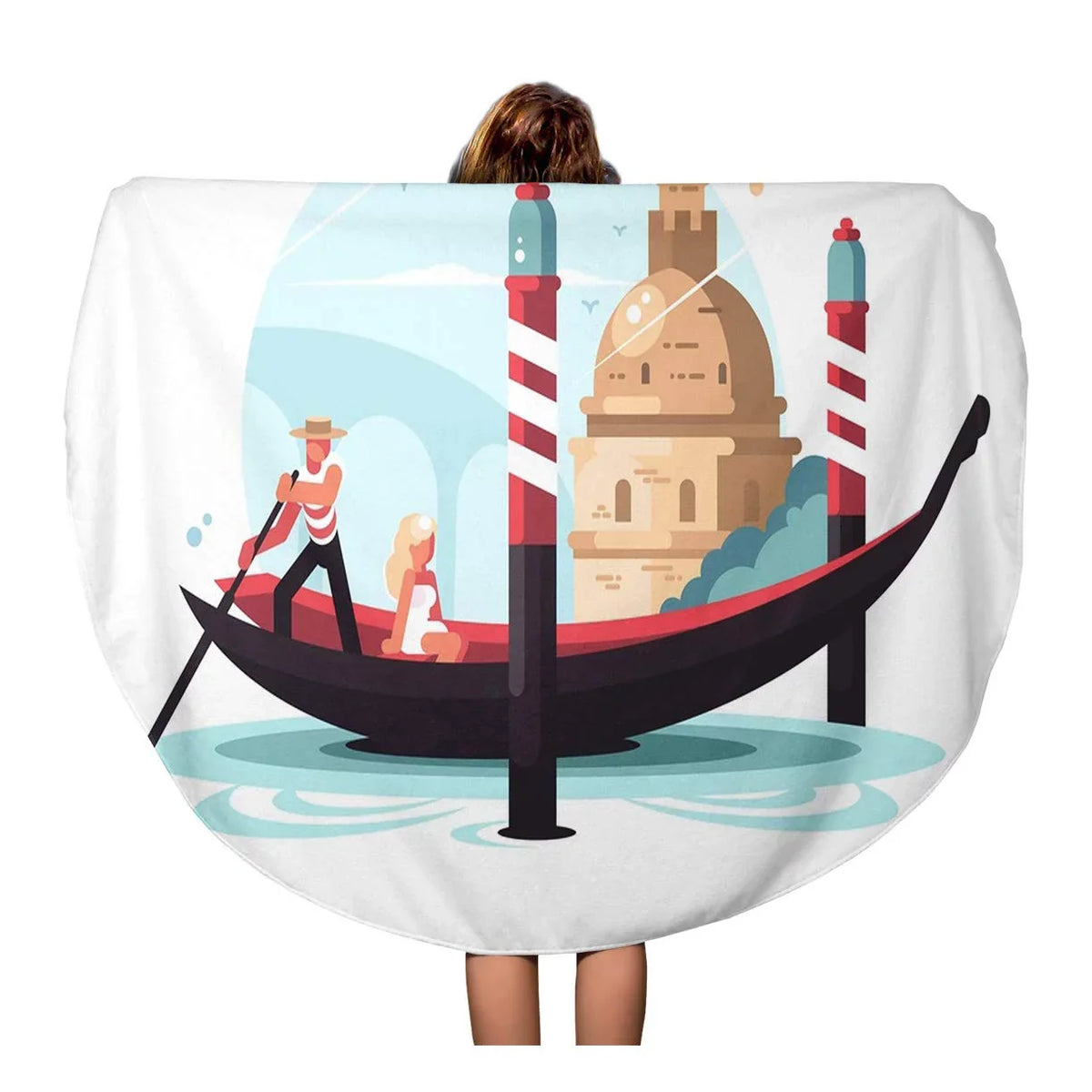 Woman 60 inch Gondolier Beach Travel Circular Transports Beach Italy Throw Mat Towel in Flat Round Venice Gondola Circle Blanket Towels Tapestry KDAGR Boat