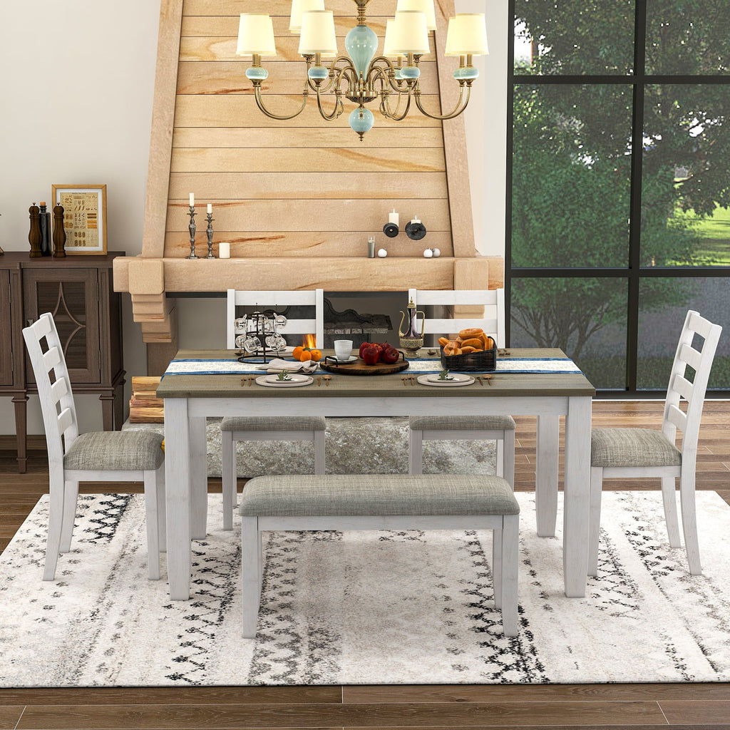 Set Table CoSoTower 4 Chairs A With Room 6-Piece Brown Whitewash Upholstered + & Bench, Dining Rustic Style