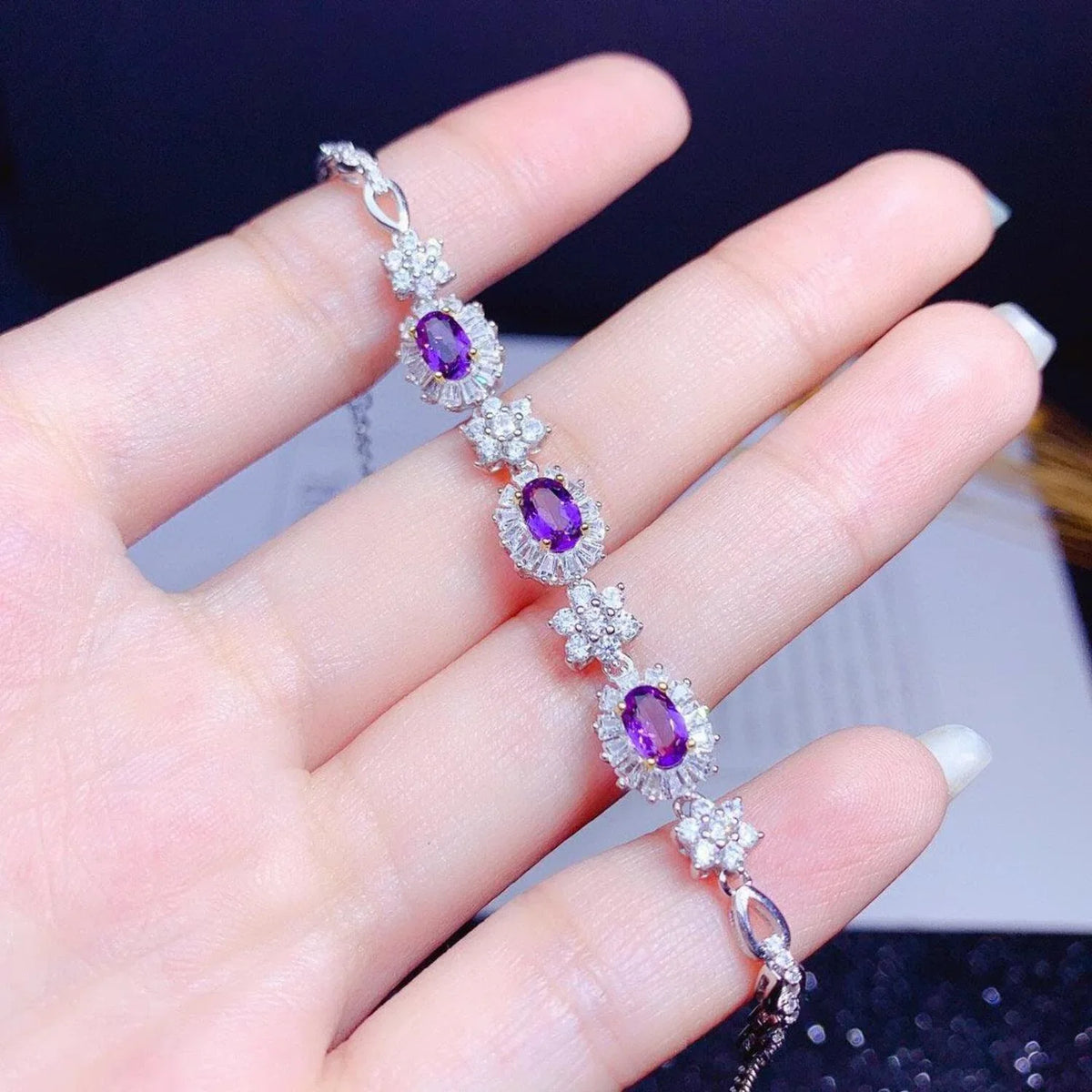 18k Women Silver Plated Light Inlaid Gold Sterling Natural Amethyst Luxury S925
