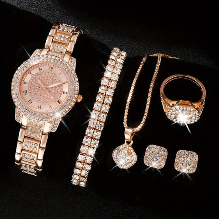 Hiphop Quartz Rhinestone Watch Jewelry Her Wrist 6pcs Fashion Watch Gift Luxury For & Set, Women Analog