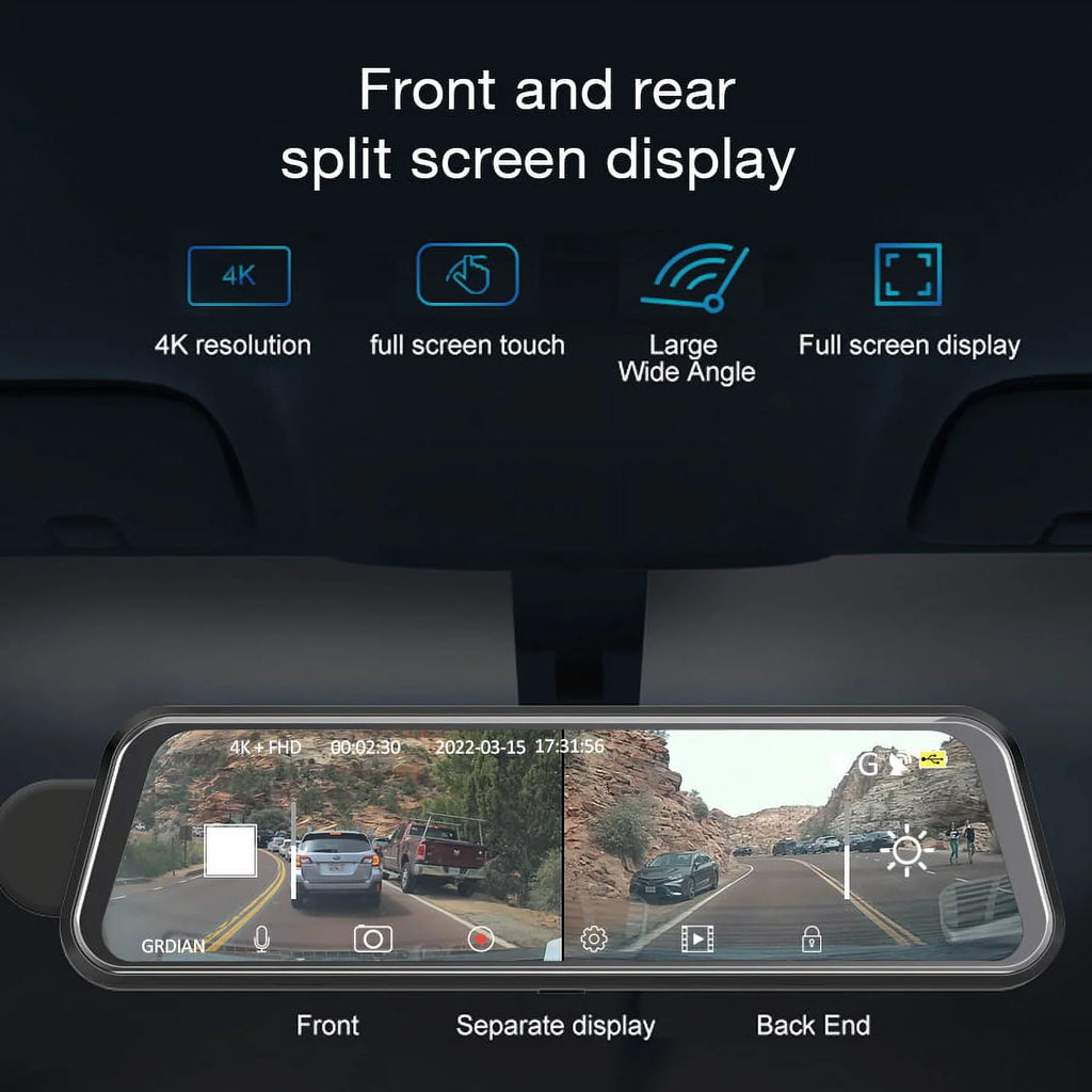 Rear-View Rear, Mount Dual-Channel Seamless Parking Front Design 10" Mode, GRDIAN Mirror Touchscreen, Arc4K Magnetic and Camera,