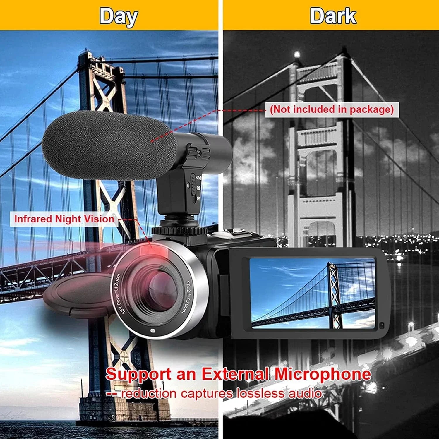 30FPS Zoom 3.0 Camcorders Inch Video 24.0 Night 1080P Vlogging Batteries Camera IPS HD MP Remote Camera Recorder Camera 2 Vision Screen Control with Full Camcorder 16X IR