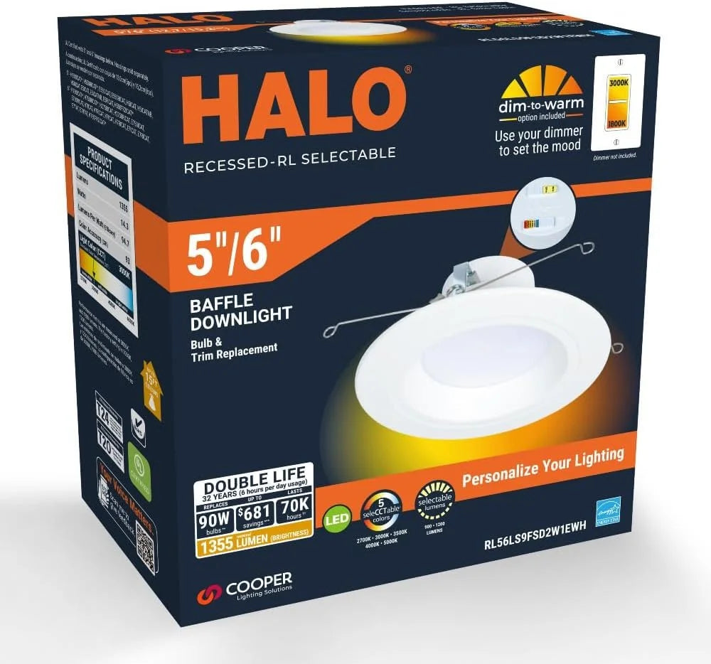 Recessed Downlight, & and Selectable Ceiling Shower inch Series Retrofit Matte White Lumens, HALO 900/1200 Warm, to CCT Light Trim, LED Baffle Retrofit Dim RL Lumens Selectable 5/6