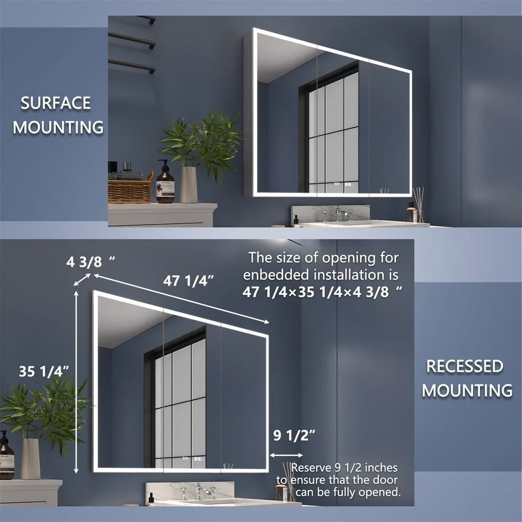 36" Lighted Clock Recessed 48" mirrors and with H Medicine Rim x Cabinet or W Led Surface