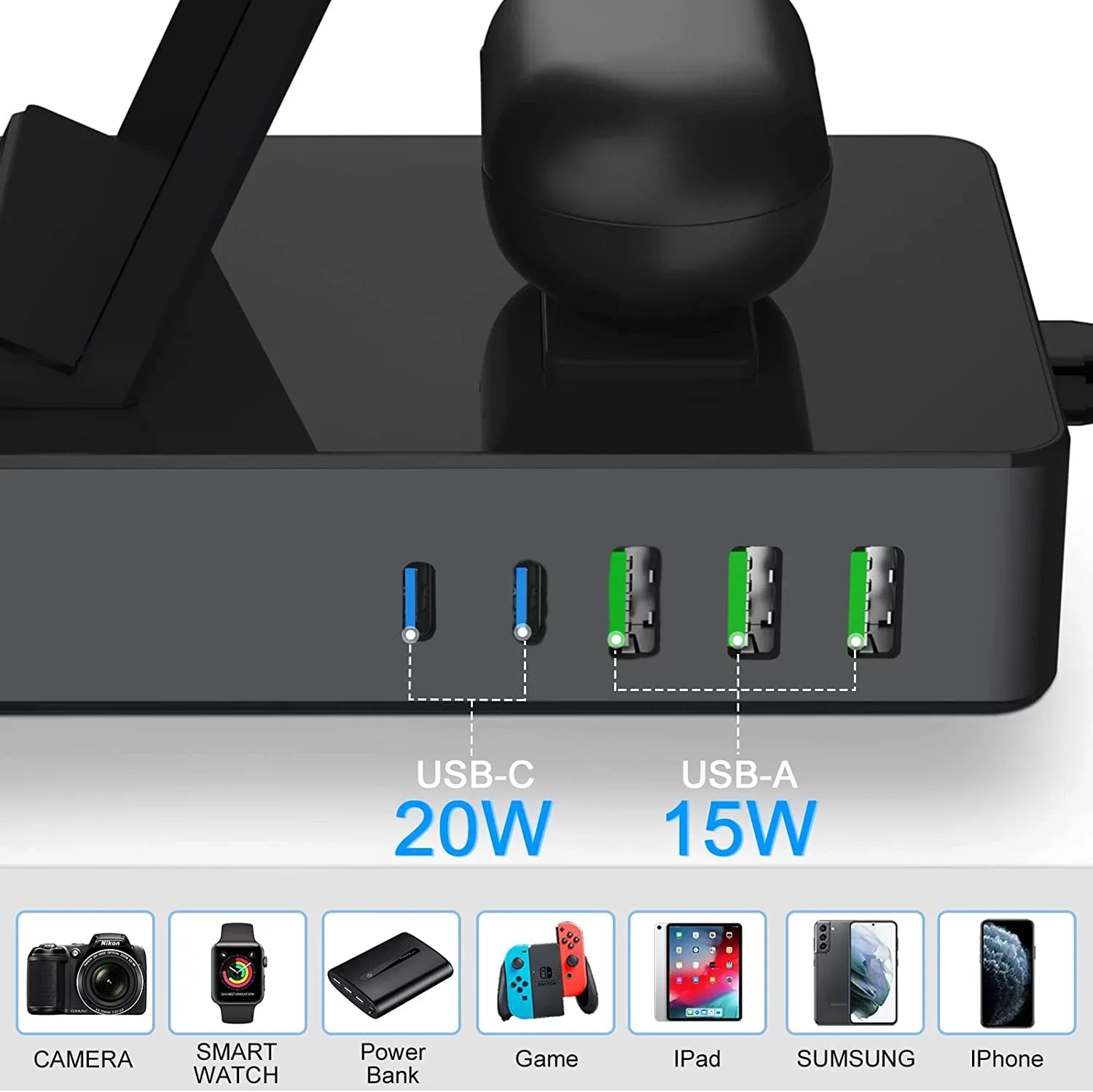 1 in Black Compatible for with Port for Devices, 100W Charging Stand Usb Charger AirPods Station Sumsung, a/ 8 Lidlife Multiple Usb C 15W 20W for Charging Fast Wireless Dock