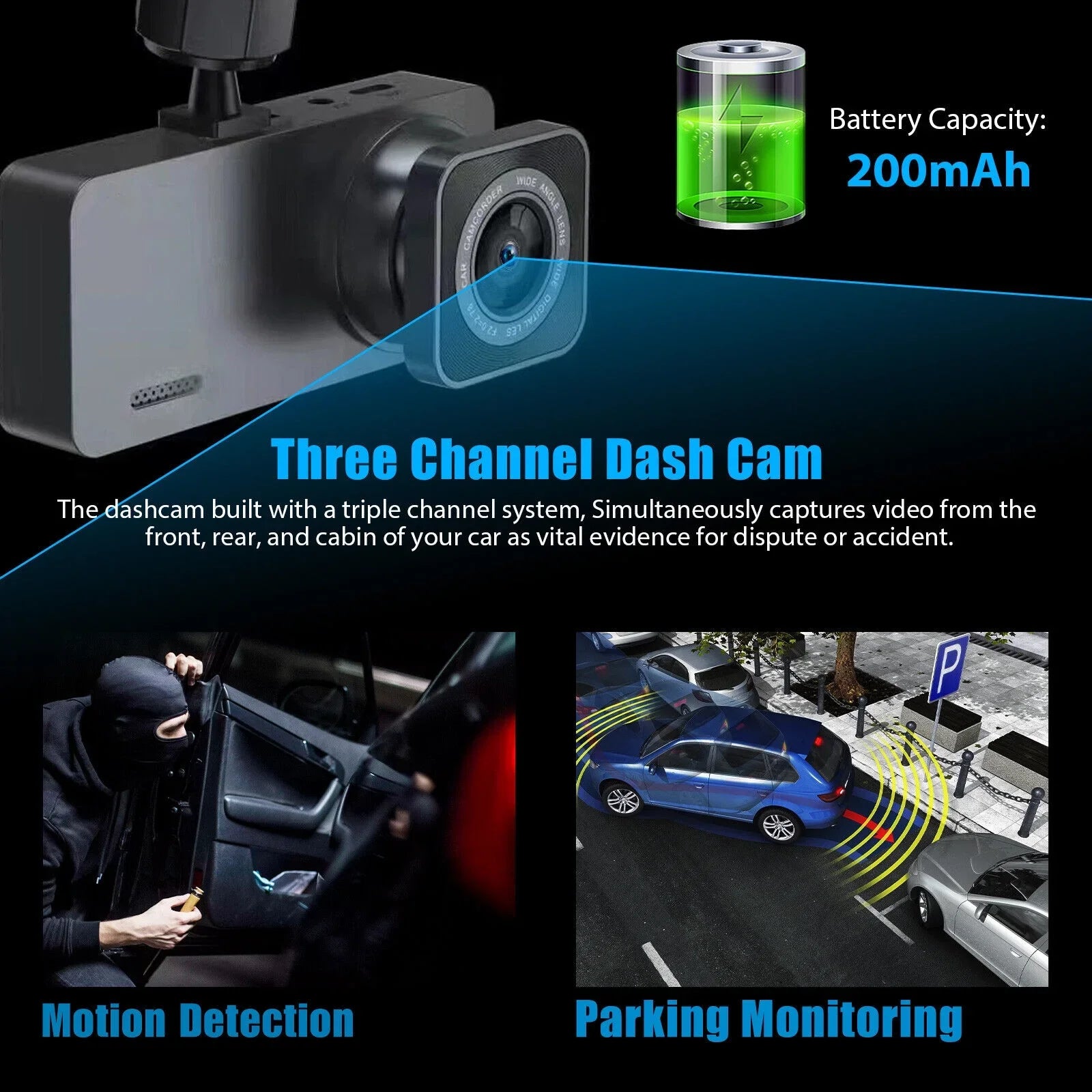 Rear Dash 3 Lens Video Camera Car 1080P Recorder Cam Inside Front G-Sensor DVR