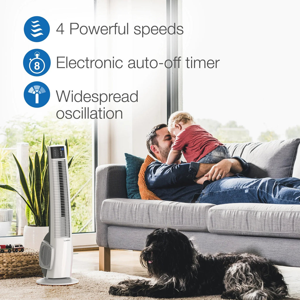 Timer Oscillating Fan and with White, T38400, Tower Hybrid Lasko New Remote, 4-Speed 39"