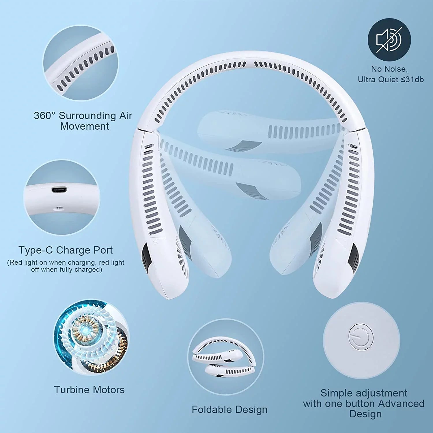 Fan Rechargeable Cooler transportable Degrees Fan (White) Fan Airflow Speeds, Travel Sport 5000 Neck Outdoor 360 for Perfect Personal Hands Free Fan Foldable mAh Morttic Fan, Bladeless 3 Wearable USB