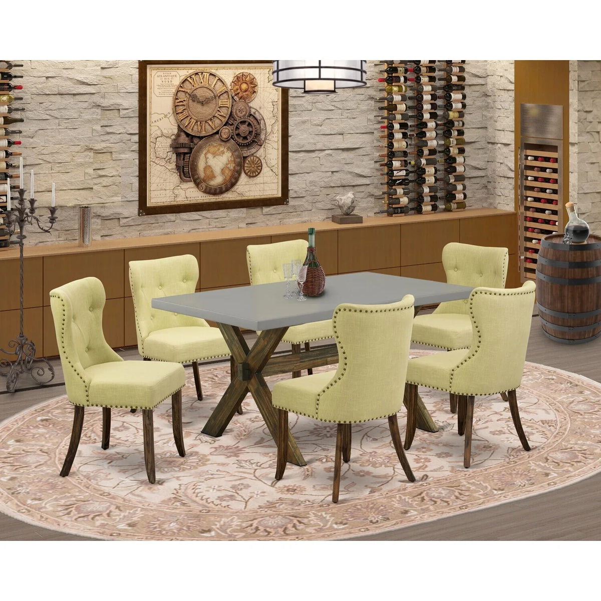 Tufted HomeStock 7-Pc Kitchen French Cement Button Seat Chairs Legs Living Country Top Set-Limelight Hardwood With & - Back & Parson Linen Fabric Table Room