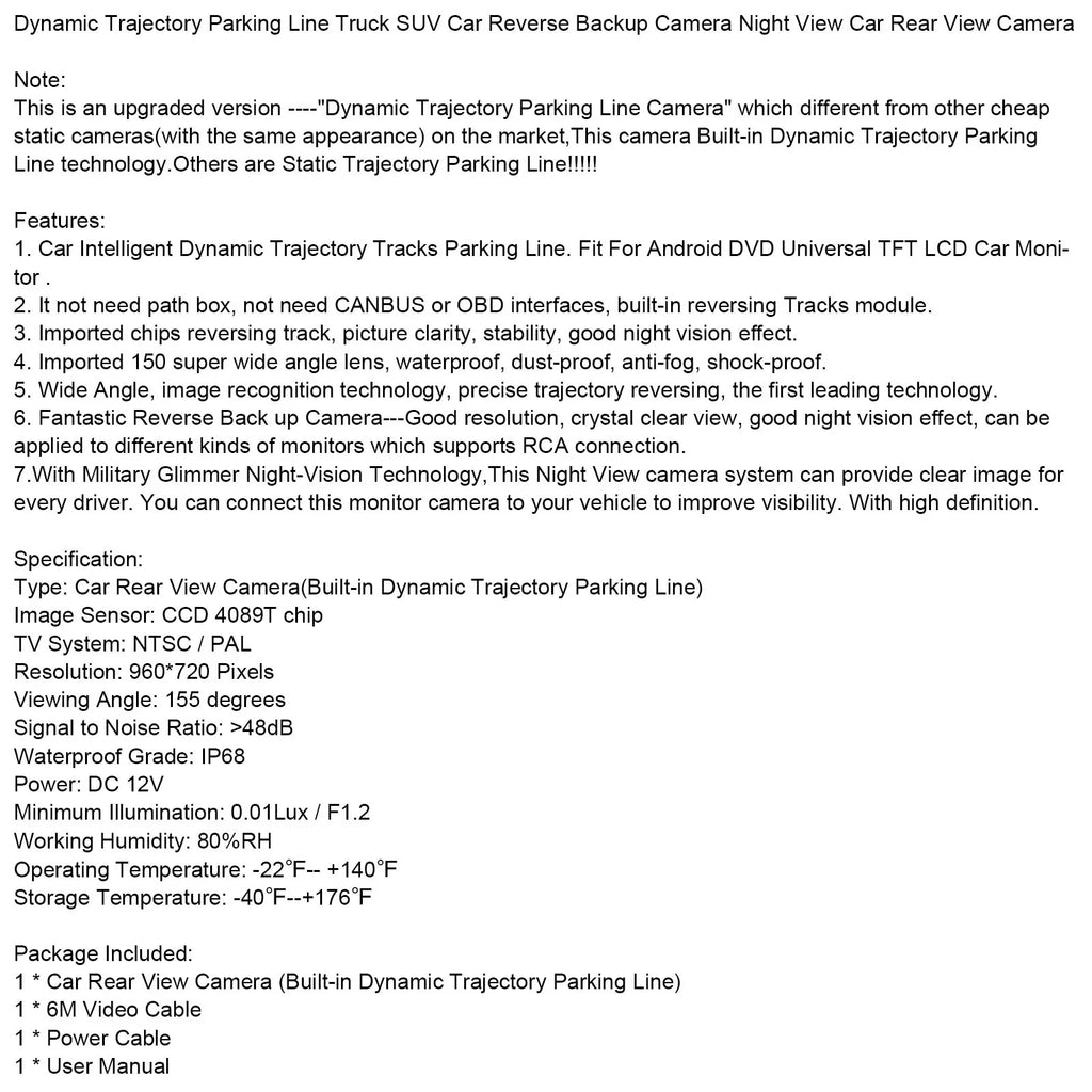 Trajectory Night Camera Dynamic Parking Reverse Car SUV Line Truck View Rear