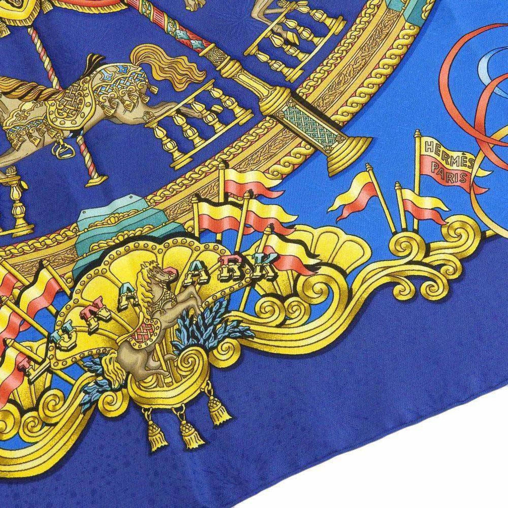 Amusement Carousel KARE90 Muffler Horse HERMES Blue PARK Scarf (Good) Park LUNA Pre-Owned Silk