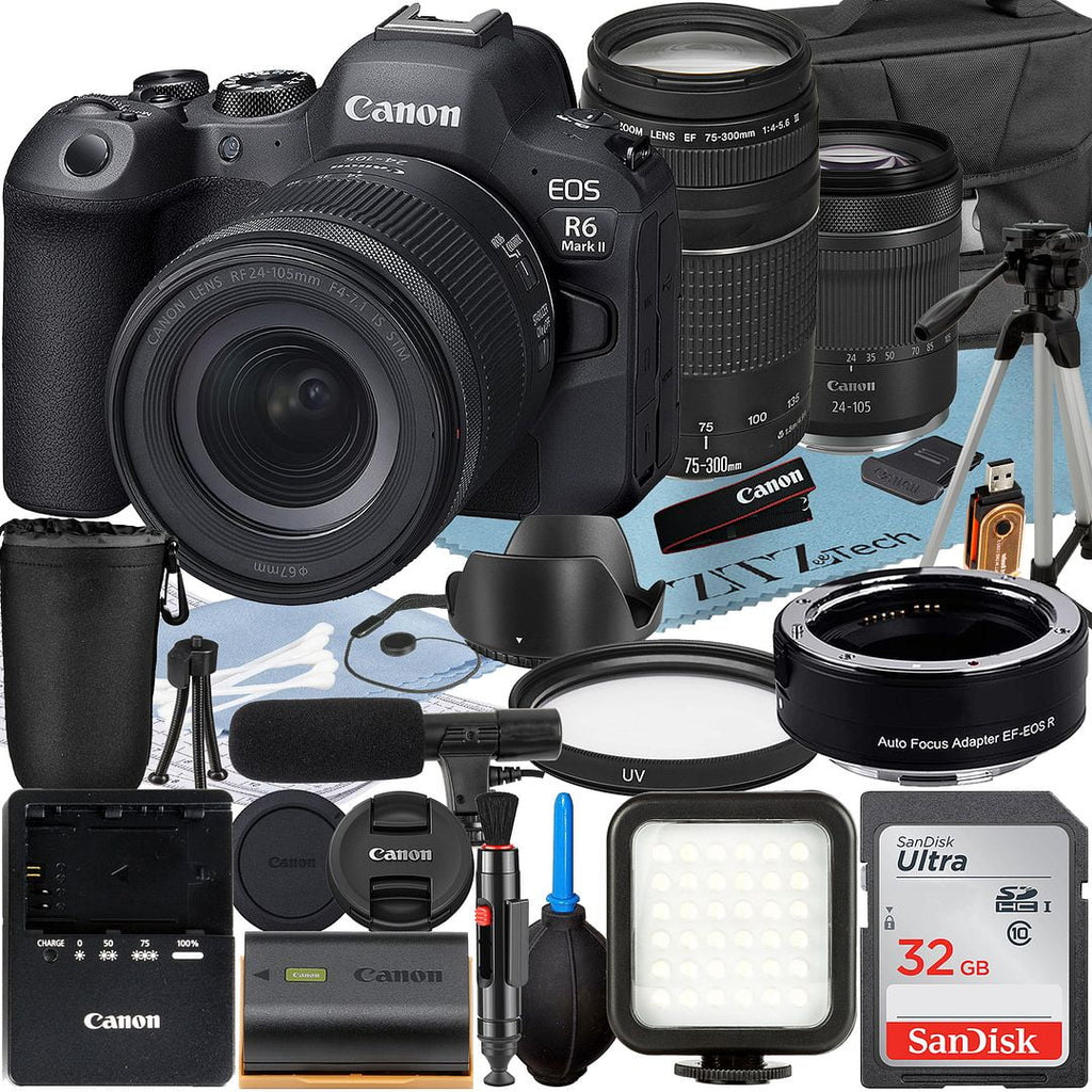 32GB 24-105mm + Camera SanDisk + Lens + EF + 75-300mm + Mirrorless RF Bundle Canon Case with Flash EOS Adapter ZeeTech II Mount Accessory LED Memory Mark Card R6 +