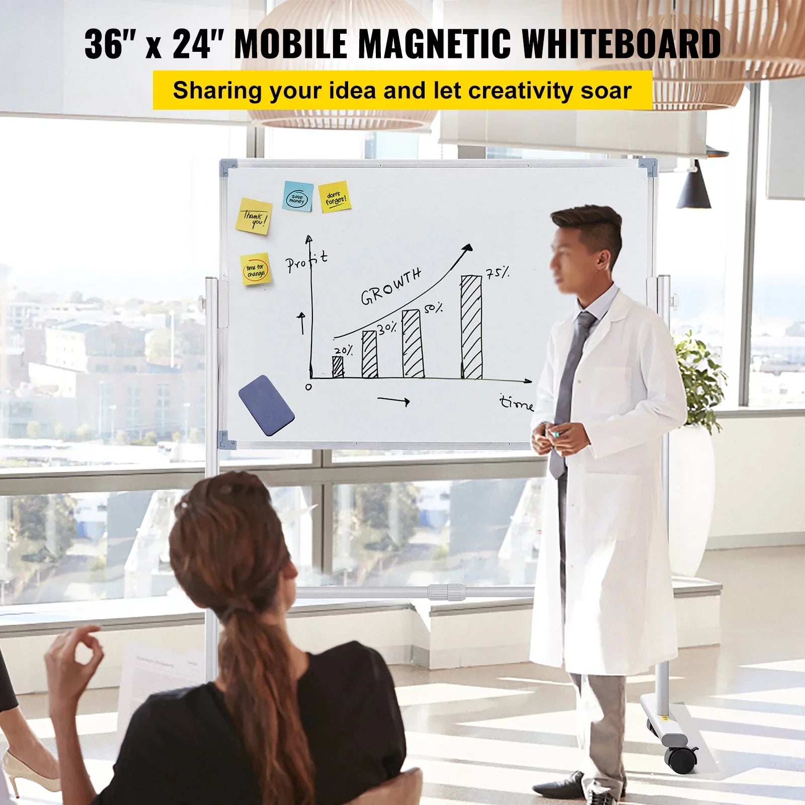 Frame with Magnetic Office Dry Reversible 360 and 36" Lockable w/ Mobile Board BENTISM for Adjustable 24" Wheels Sided Rolling Erase Whiteboard Home x Height Swivel Aluminum Stand Double School