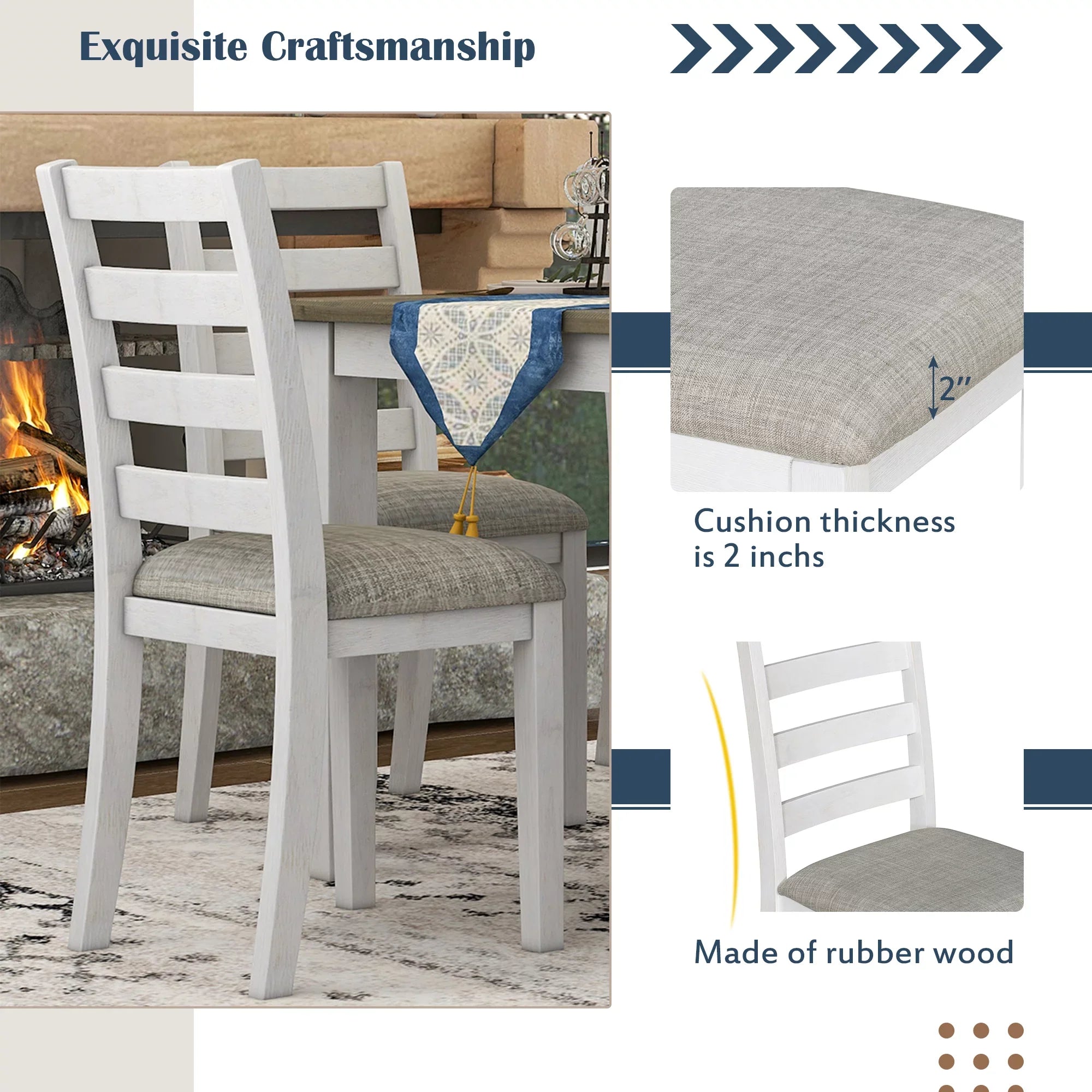 Set Table CoSoTower 4 Chairs A With Room 6-Piece Brown Whitewash Upholstered + & Bench, Dining Rustic Style