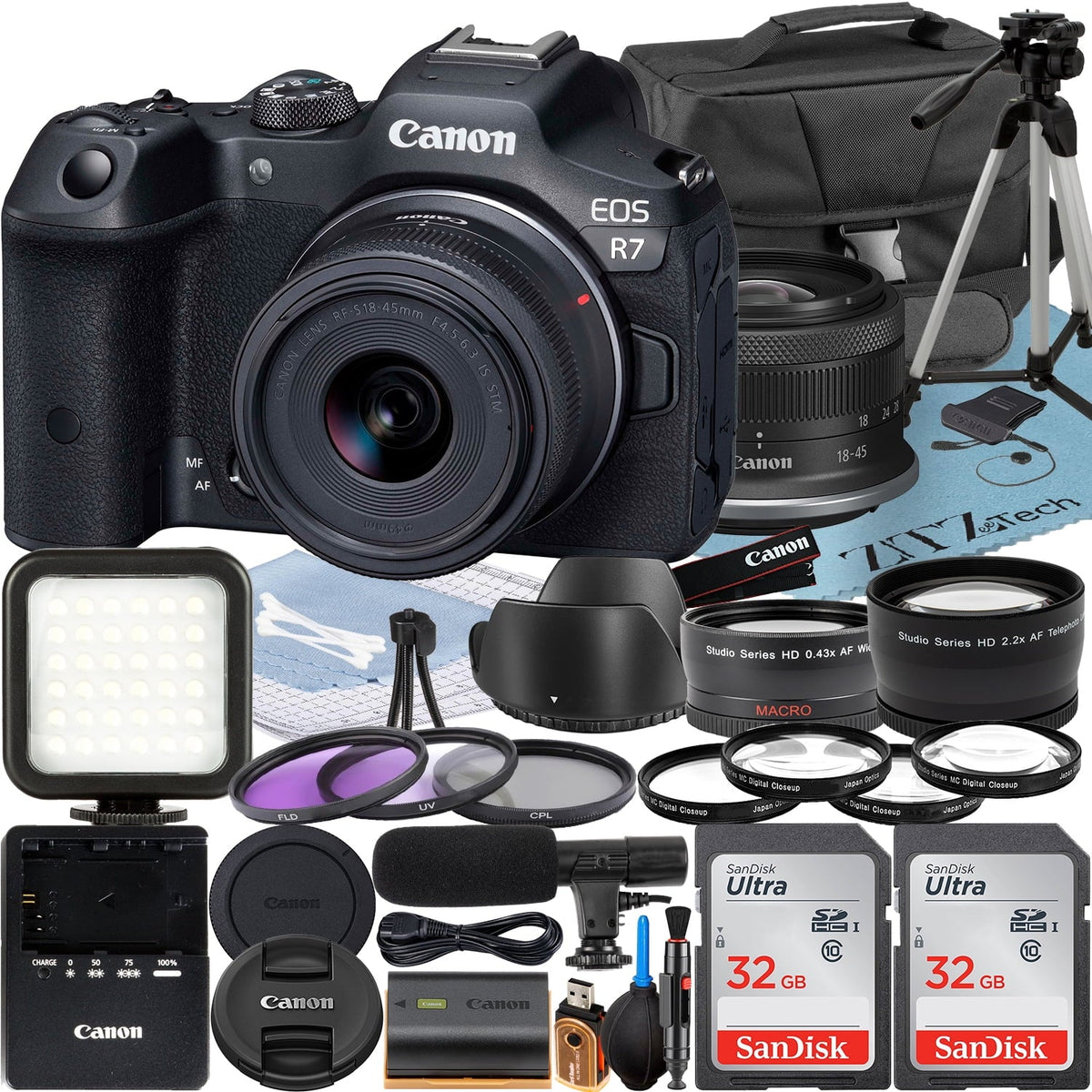 SanDisk Mount + 32GB 18-45mm Case with + Pack + Card Canon Accessory R7 ZeeTech Adapter Memory Lens + EOS Mirrorless 2 RF-S Camera