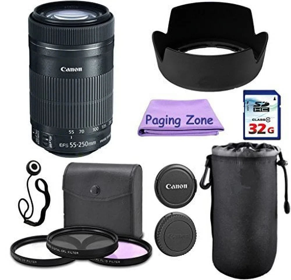 T5, Lens 10 T3, 6D, Class 5D T4i, IS SL1. Deluxe STM EF-S Set Filter Hood Canon Kit 32GB PagingZone + Lens. Card. II MK 70D, For Includes, + Camera Lens T3i, III, Case 55-250mm 3Piece T5i EOS Rebel +