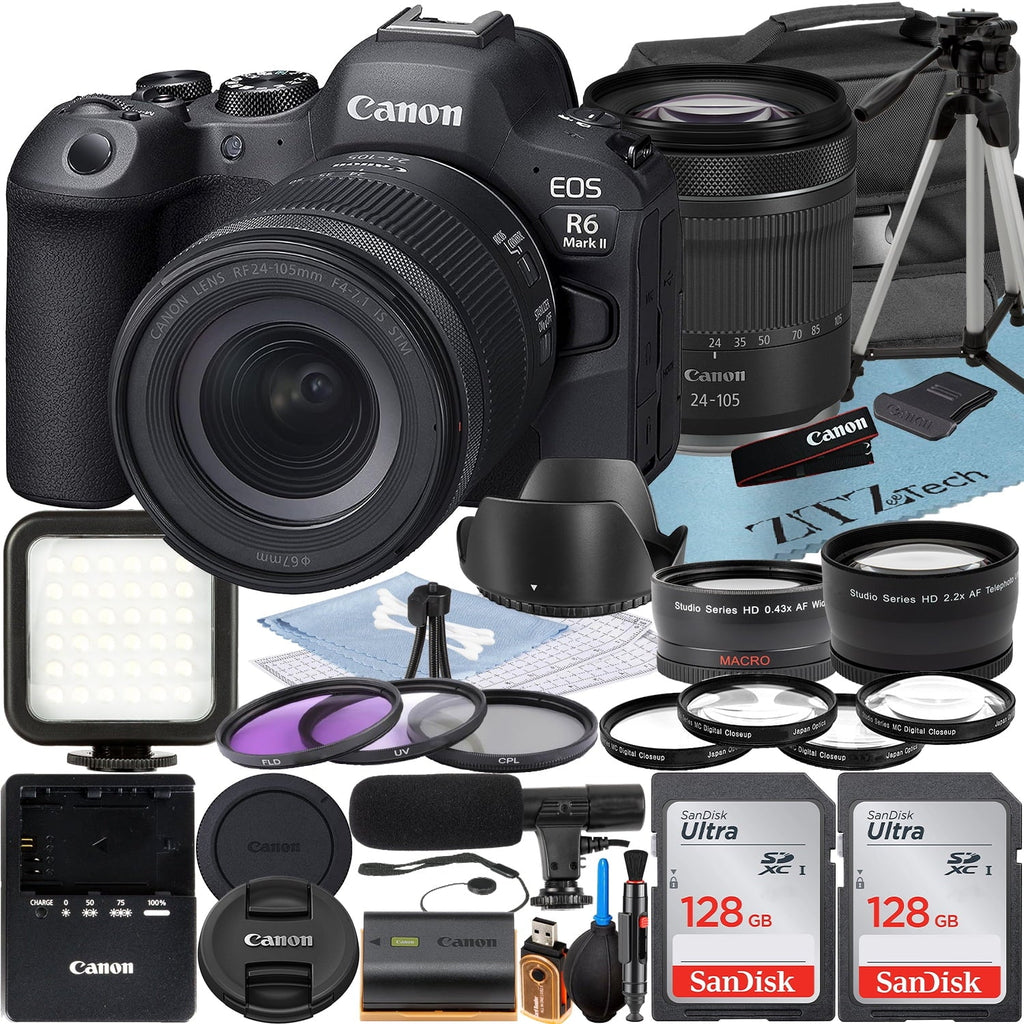 Flash 128GB LED Mark SanDisk + + R6 Camera Lens Case + 2 EOS Memory with + II RF 24-105mm Canon Card Pack Accessory ZeeTech Mirrorless
