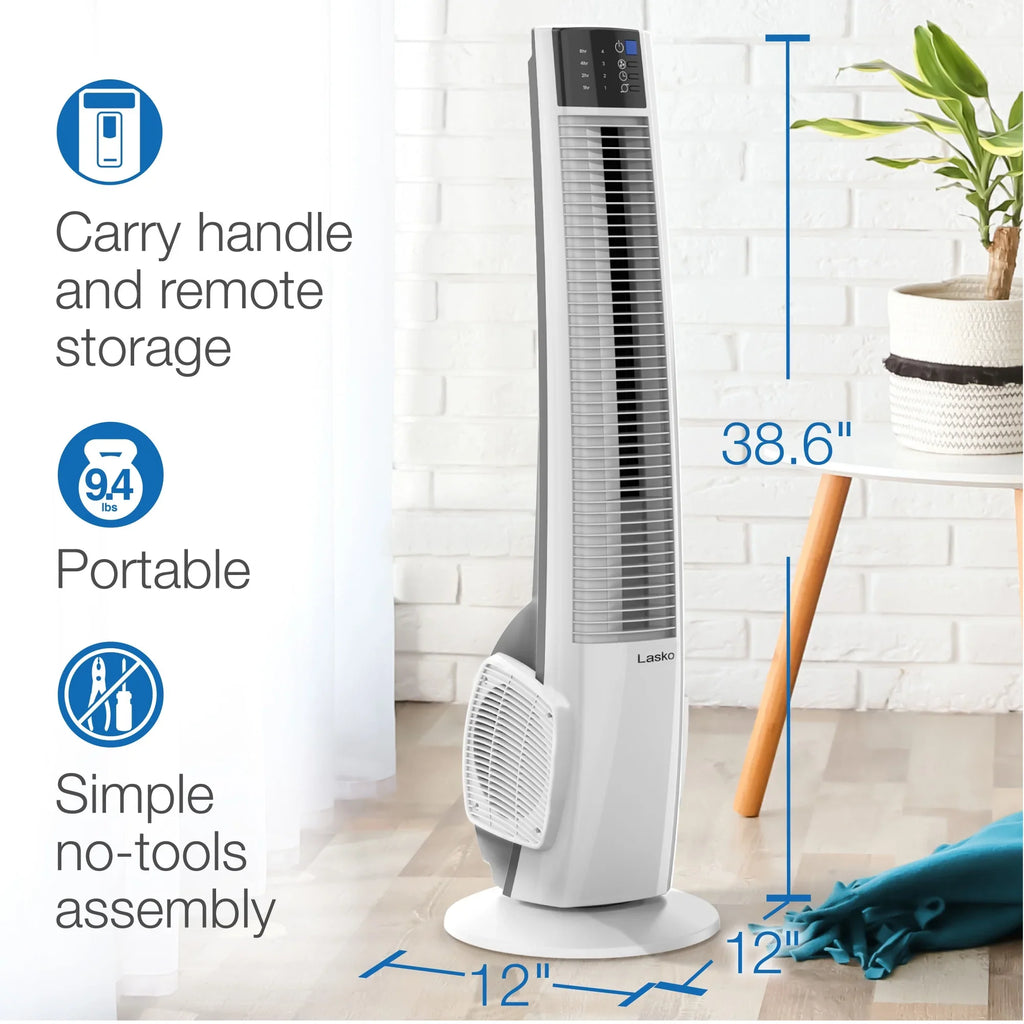 Timer Oscillating Fan and with White, T38400, Tower Hybrid Lasko New Remote, 4-Speed 39"