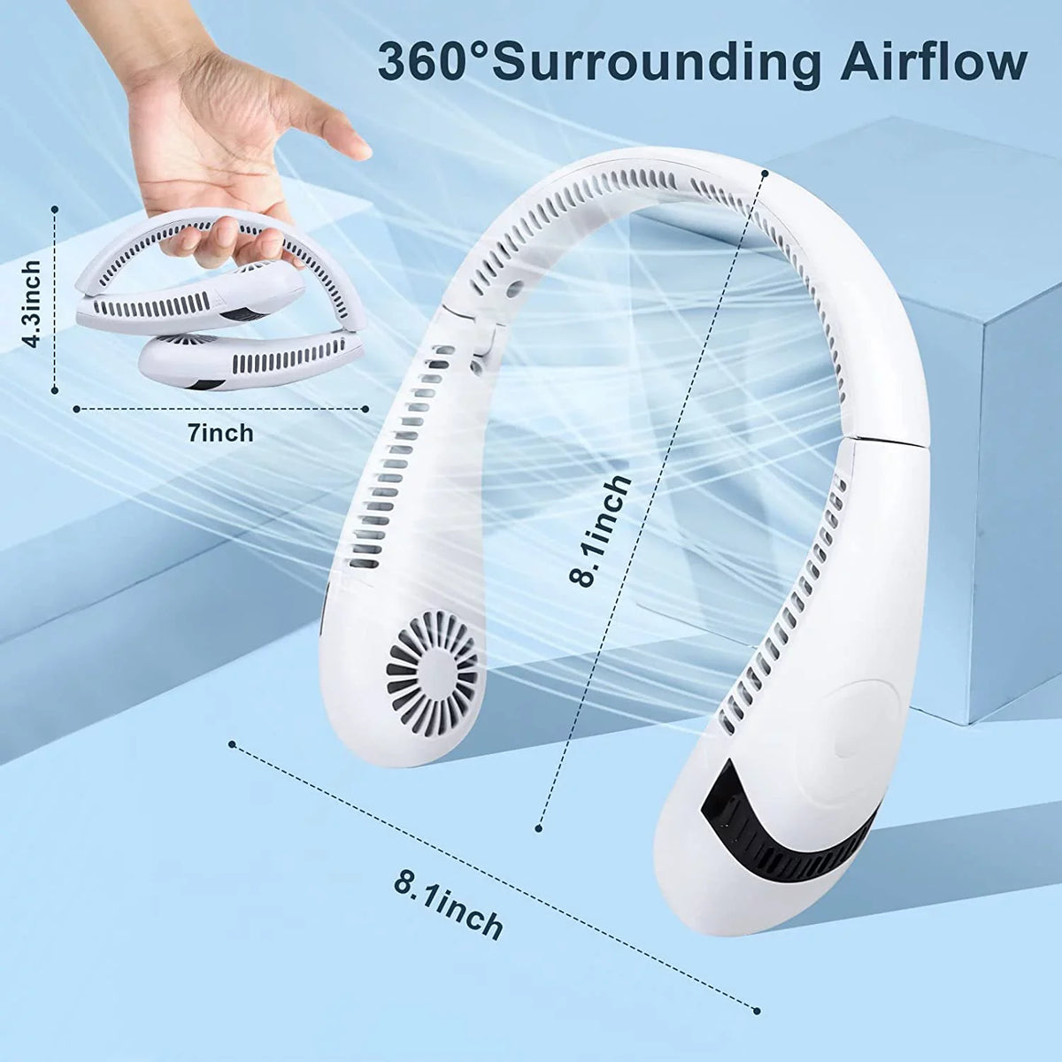 Fan Rechargeable Cooler transportable Degrees Fan (White) Fan Airflow Speeds, Travel Sport 5000 Neck Outdoor 360 for Perfect Personal Hands Free Fan Foldable mAh Morttic Fan, Bladeless 3 Wearable USB