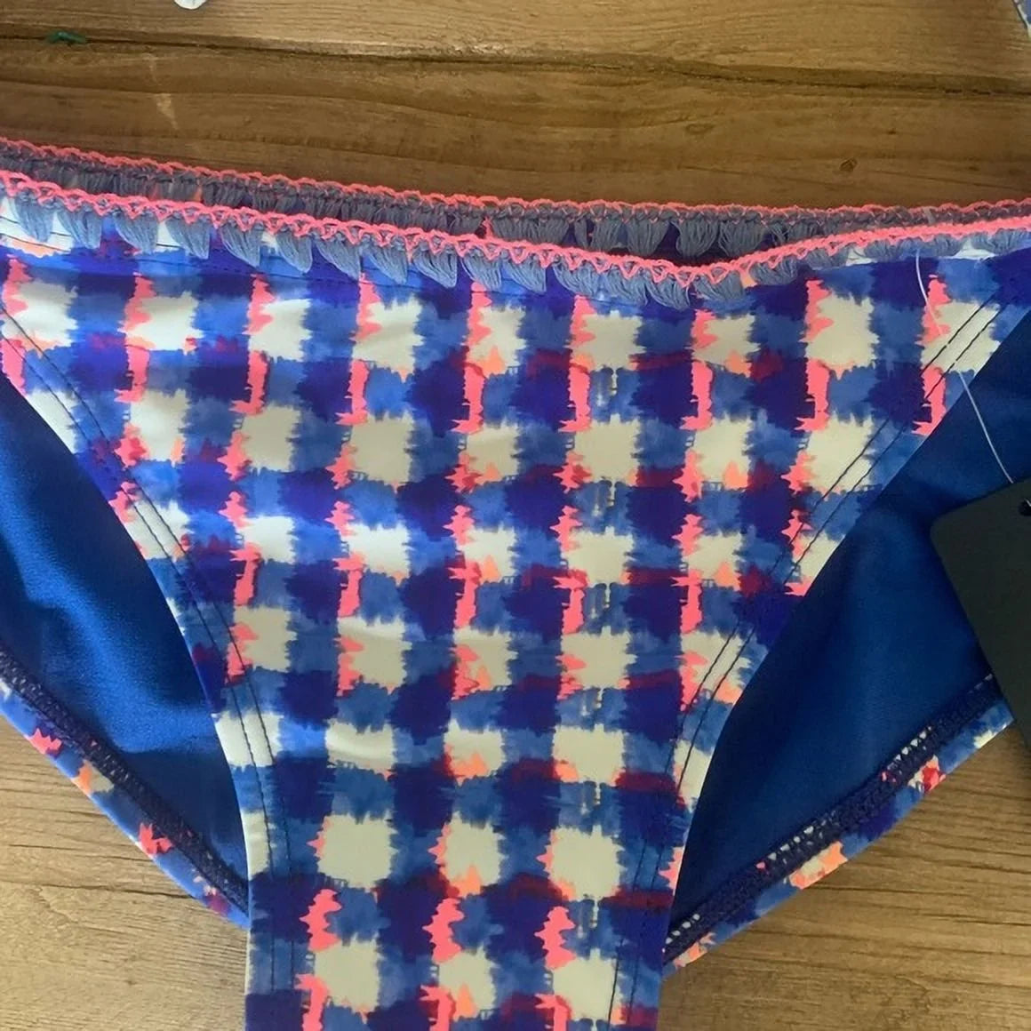 Bottom, Rachel Roy BLUE Triangle Tie CHECKERED Swim Bikini US Side Small