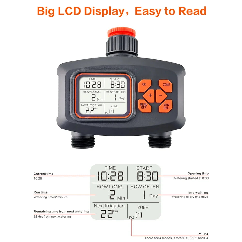 Smart Programmable Hose Timer Screen LCD Outlets Water Watering Garden Timer Timer Sprinkler Timer Irrigation for for Lawn 2 Automatic/Manual Yard Large