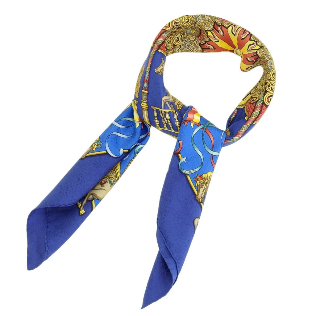 Amusement Carousel KARE90 Muffler Horse HERMES Blue PARK Scarf (Good) Park LUNA Pre-Owned Silk