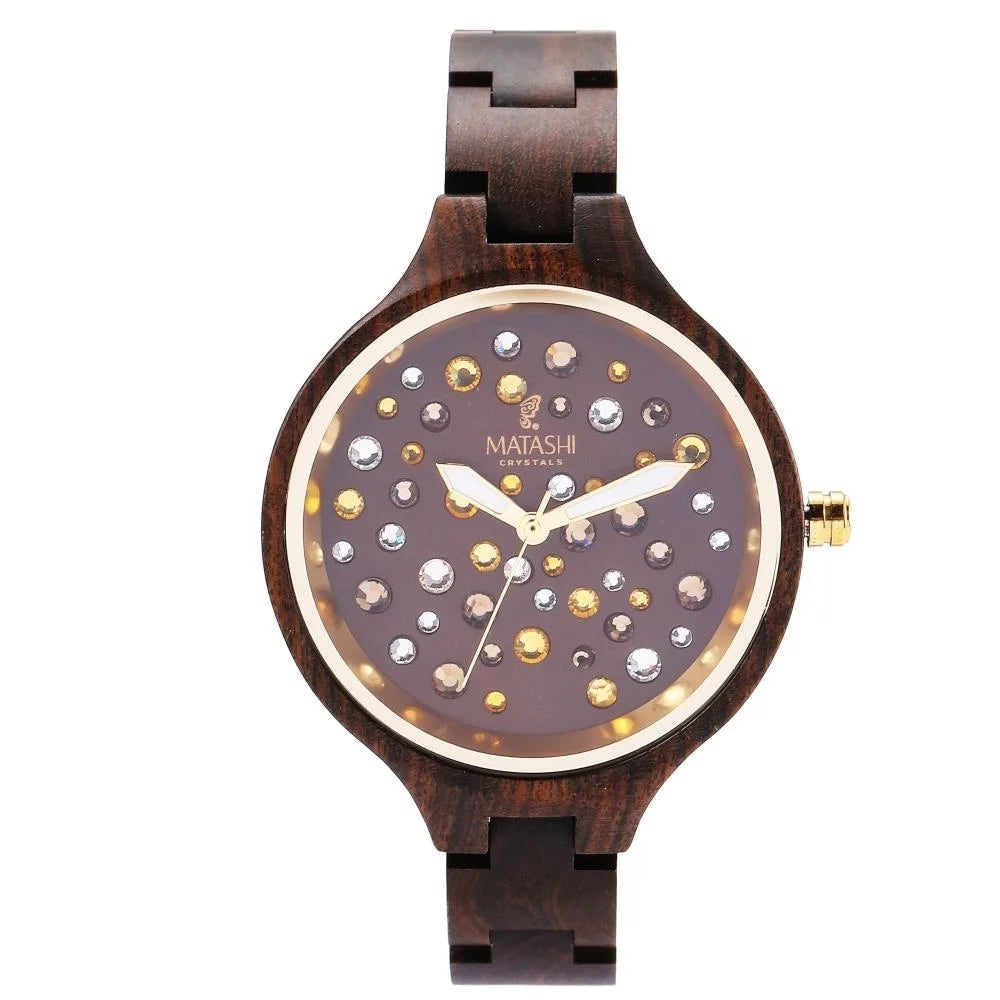 Crystals, Ronda Salwood Movement, with MTJW13040 Watch Swiss Resistant 1ATM Brown Bezel, Water Casual, Gold Business Womens