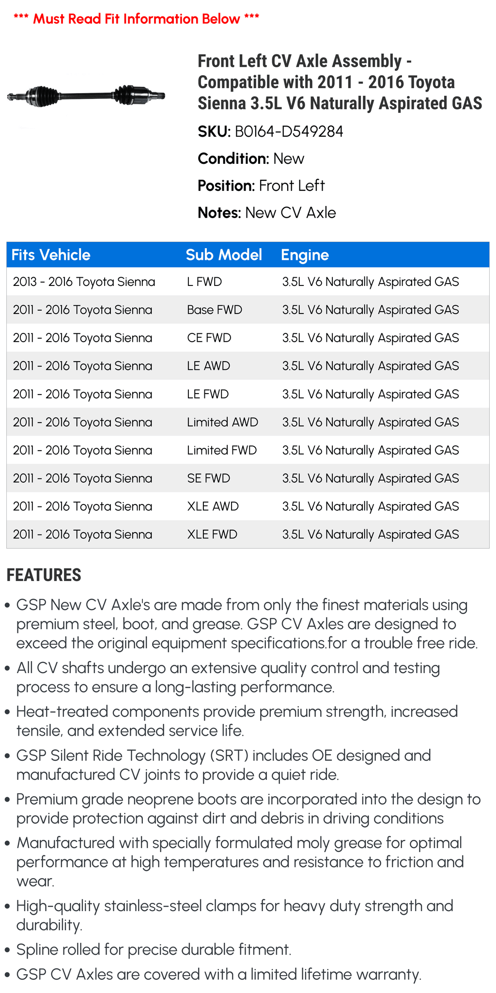 2015 CV 2011 Left Sienna - 2012 2013 3.5L Axle Front V6 Toyota Compatible 2014 - GAS Naturally 2016 Aspirated Assembly with